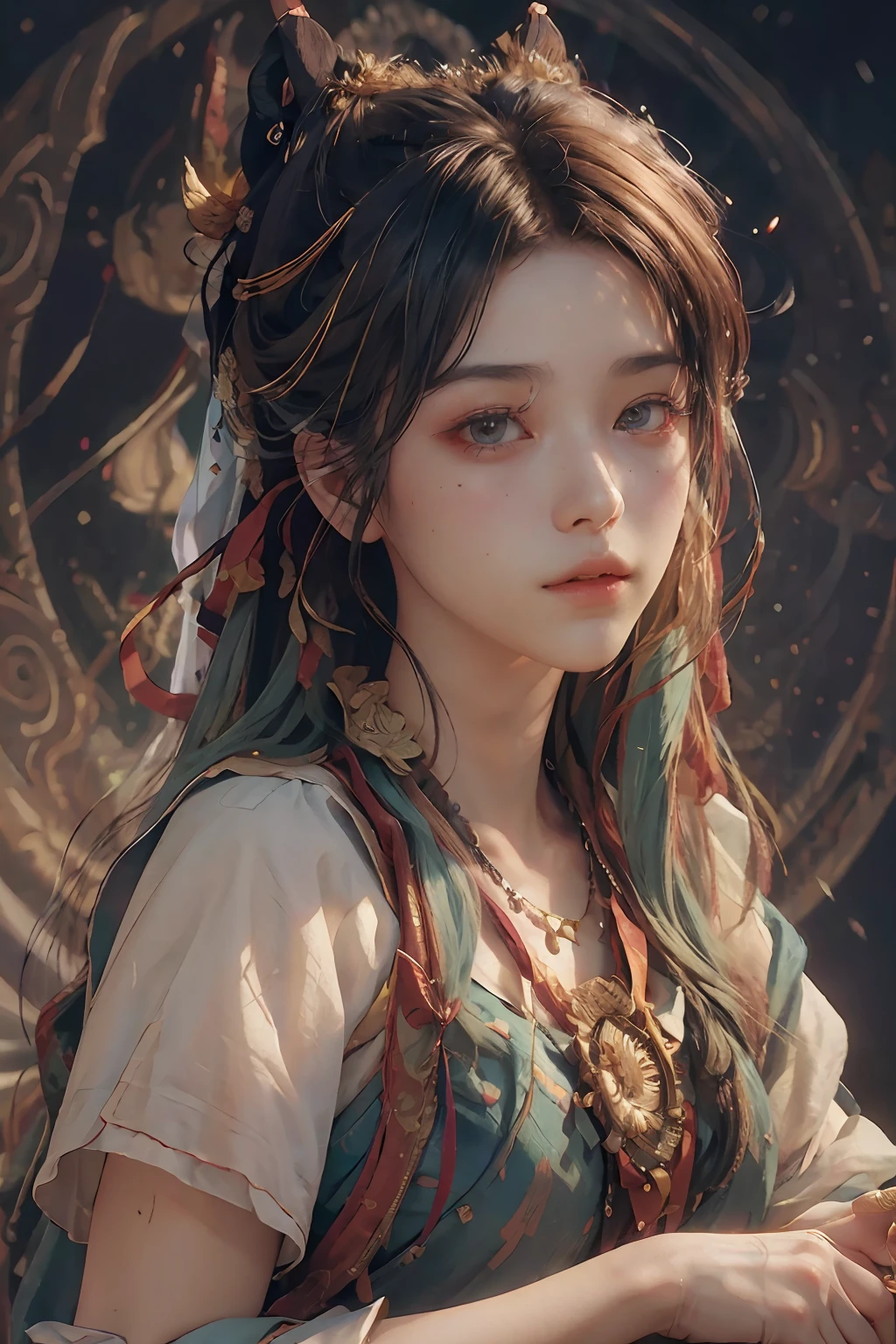 (RAW photo, best quality), (realistic, photo-realistic:1.3),best quality,highly detailed,masterpiece,ultra-detailed,illustration,1girl,upper_body,dynamic angle,world masterpiece theater,messy_long_hair,best quality,extremely detailed CG unity 8k wallpaper,ink,Amazing,cinematic lighting,lens_flare, dunhuang_style