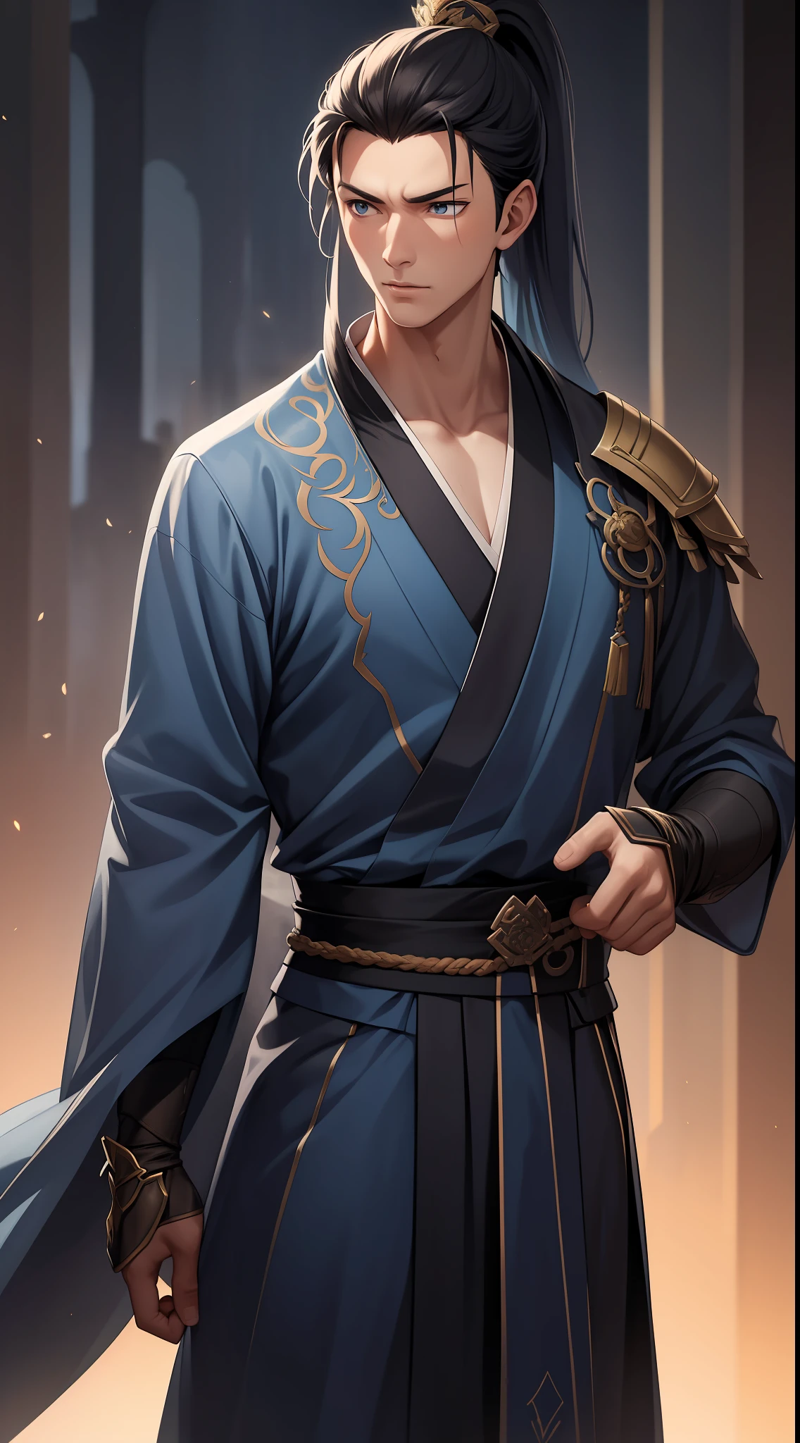 quadratic element，style of anime，mtu（Male Warrior），The proportions are correct，Face details，swordsmen，High ponytail hairstyle，Neck details，There is an Adam's apple，Blue suit，kaftan，long blue robes，clothes details，Handing over，longer sleeves，Game quality，Swordsmanship，Light and shadow tracking，Ray traching，detailed glow，cg render，hair detail，Blue long hair，blue colored eyes，Handsome，Handsome，（juvenile sense），Clothing is complicated，Perfectcomposition，Refinement，high qulity，higher details，Lots of details，The background is complex，a sense of atmosphere，