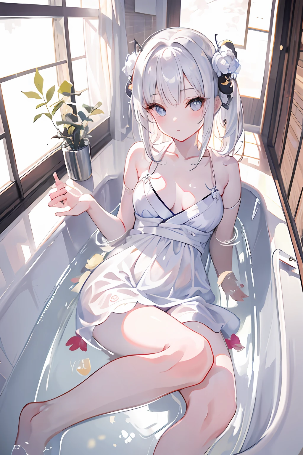 1 white-haired girl lying in bathtub in yukata，Face details，HUD，enchanted、beauitful face，Bare legs，best qualtiy，the complex background，浴室，Sunlight from the window shining into the bathroom，Sparkling water surface，Light and shadow reflection，seductiv