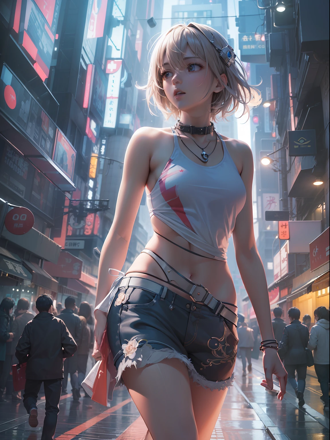 (((masterpiece)))、(((top-quality)))、((ultra-definition))、(High Definition CG Illustration)、((extremely delicate and beautiful))、City of the Future、Running away、Girl running away、Cinematic Light、独奏、full body Esbian、Cyber City、2060s、animesque、trending on artstationh、Rachel Walker