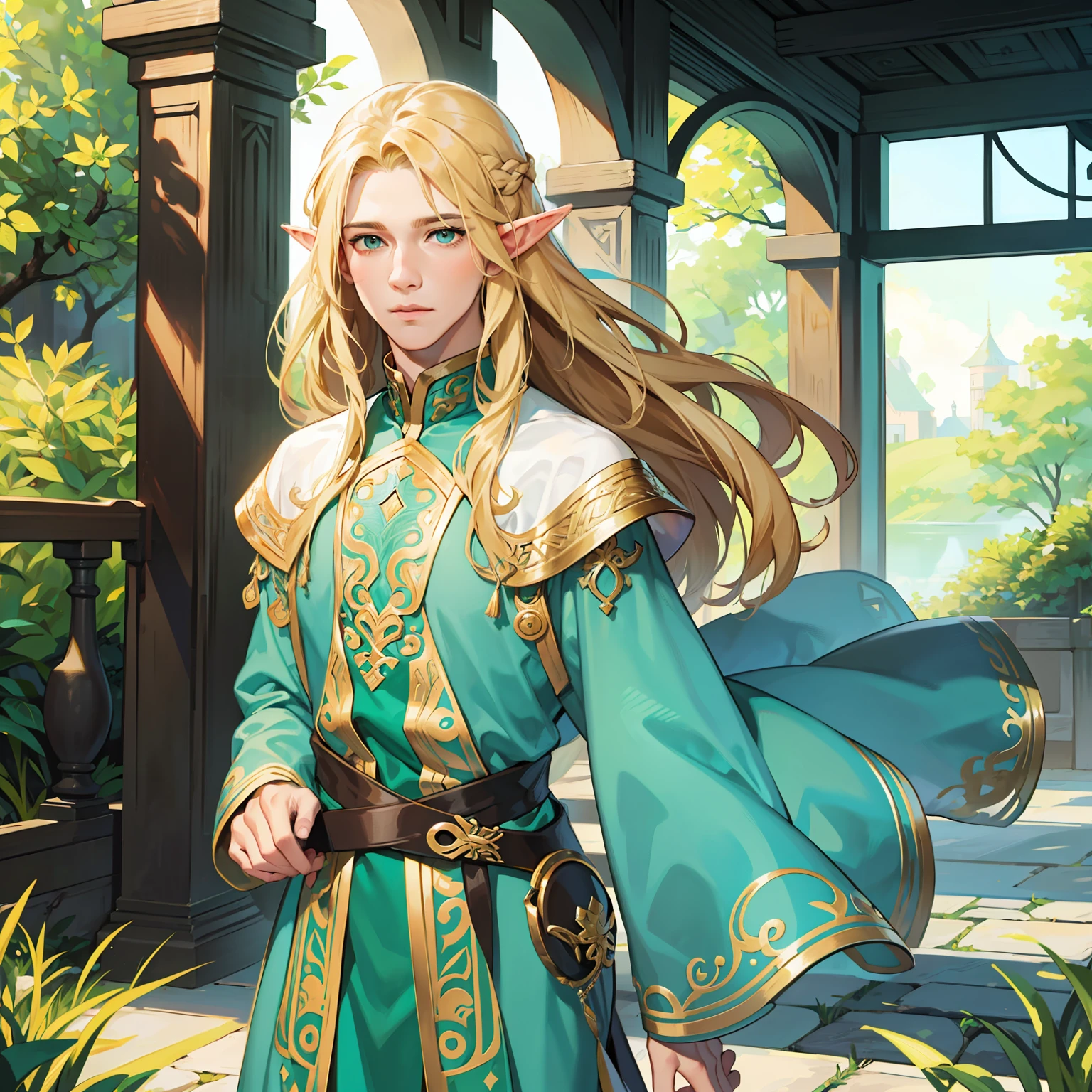 filigree,realisticlying,1boy ,独奏,Long blonde hair,Green eyes,elf prince,Delicate facial features,