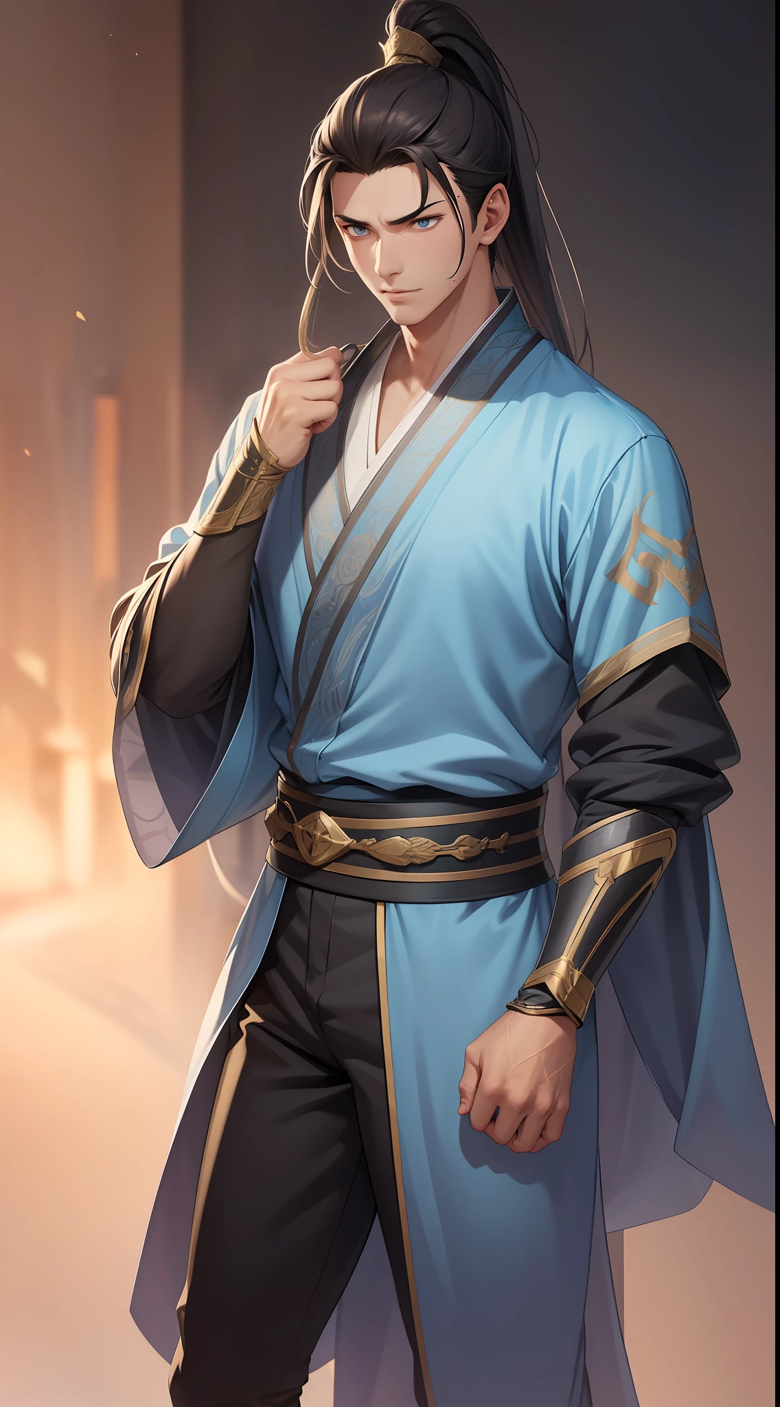 quadratic element,style of anime,mtu(Male Warrior),The proportions are correct,Face details,swordsmen,High ponytail hairstyle,Neck details,There is an Adam's apple,Blue suit,kaftan,long blue robes,clothes details,Handing over,longer sleeves,Game quality,Swordsmanship,Light and shadow tracking,Ray traching,detailed glow,cg render,hair detail,Blue long hair,blue colored eyes,Handsome,Handsome,(juvenile sense),Clothing is complicated,Perfectcomposition,Refinement,high qulity,higher details,Lots of details,The background is complex,a sense of atmosphere,