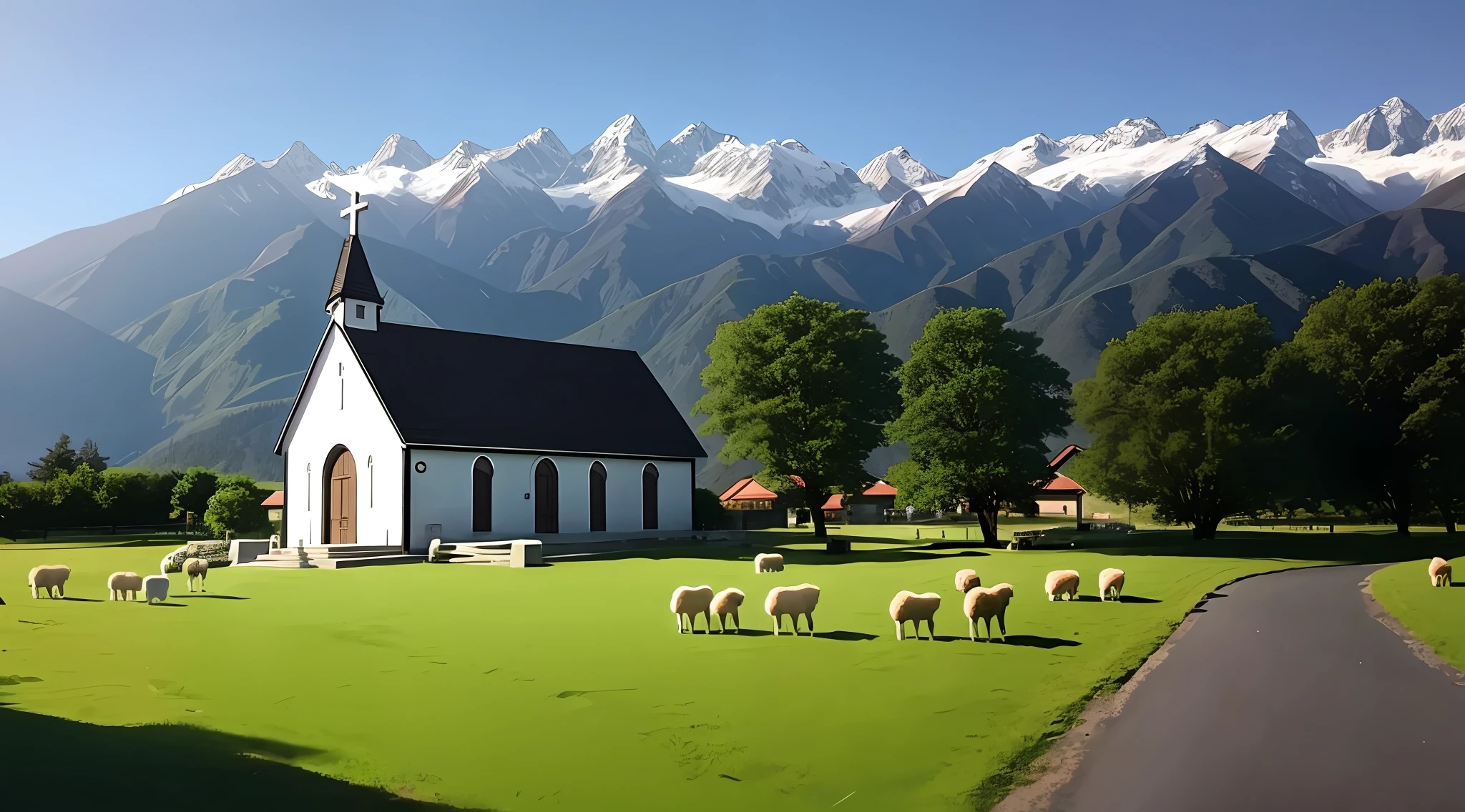 Church exterior,hyper realisitc,Modern creativity,There is a cross on it,There is a wide meadow in front of the door,The exterior of the church is written with such a text "Christian temples",The church is surrounded by a piece of paradise,There are mountains and waters,There are lambs grazing on the grass,There is a group of believers at the door of the church。
