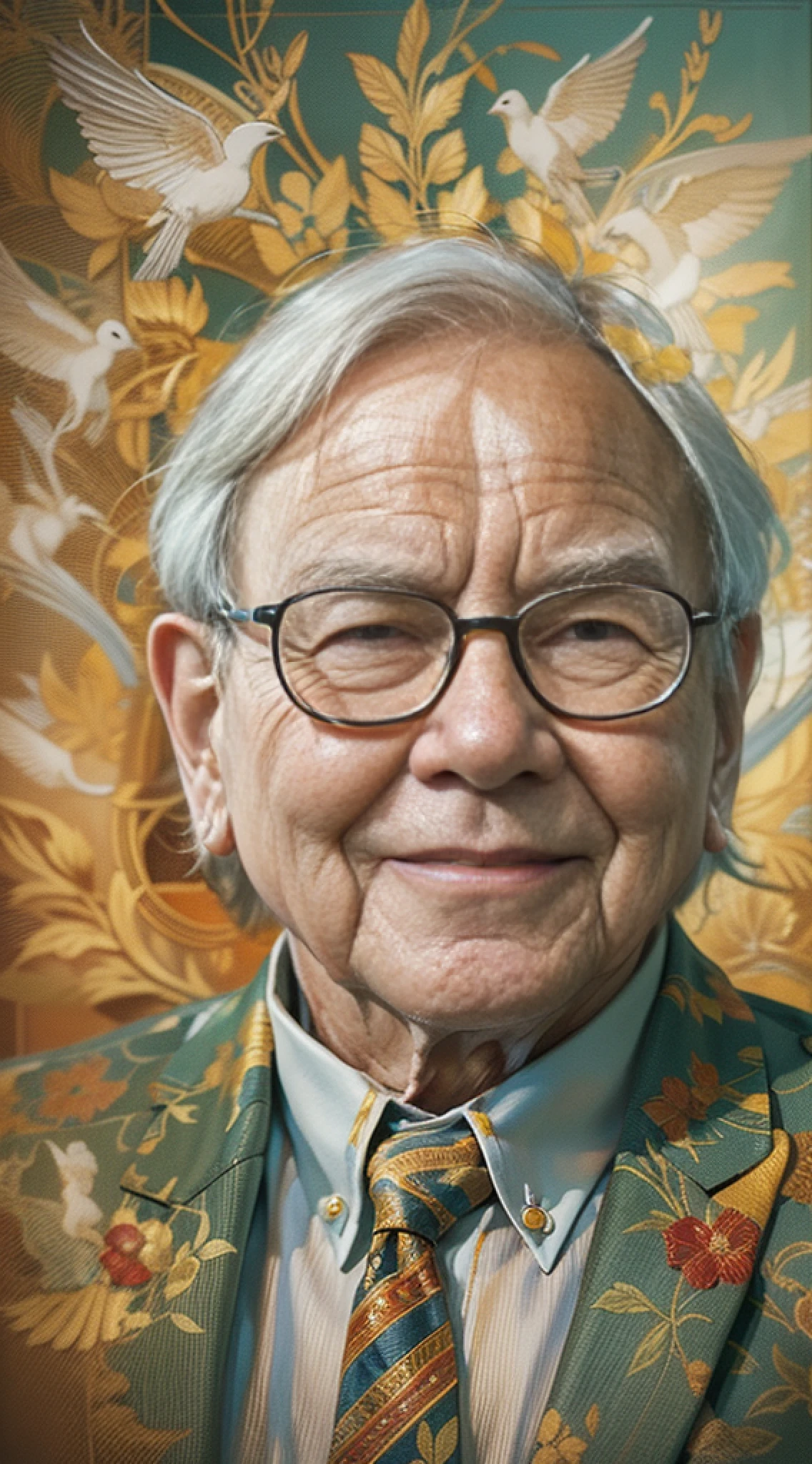 An artistic illustration of Warren Buffett, envisioned in a unique style reminiscent of the great masters, a harmonious blend of realism and flair, the scene resonating with rich colors, capturing the essence of his accomplishments, the atmosphere radiating tranquility and success, --v 5 --stylize 1000