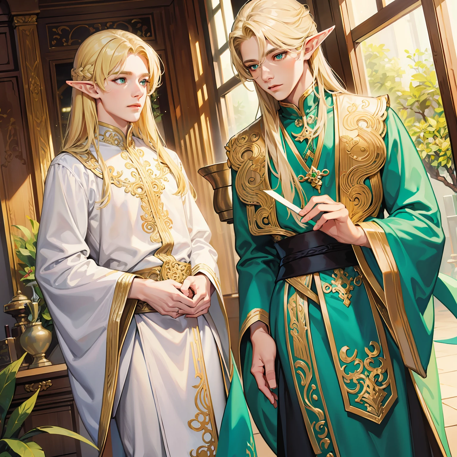 filigree,realisticlying,1boy ,独奏,Long blonde hair,Green eyes,elf prince,Delicate facial features,