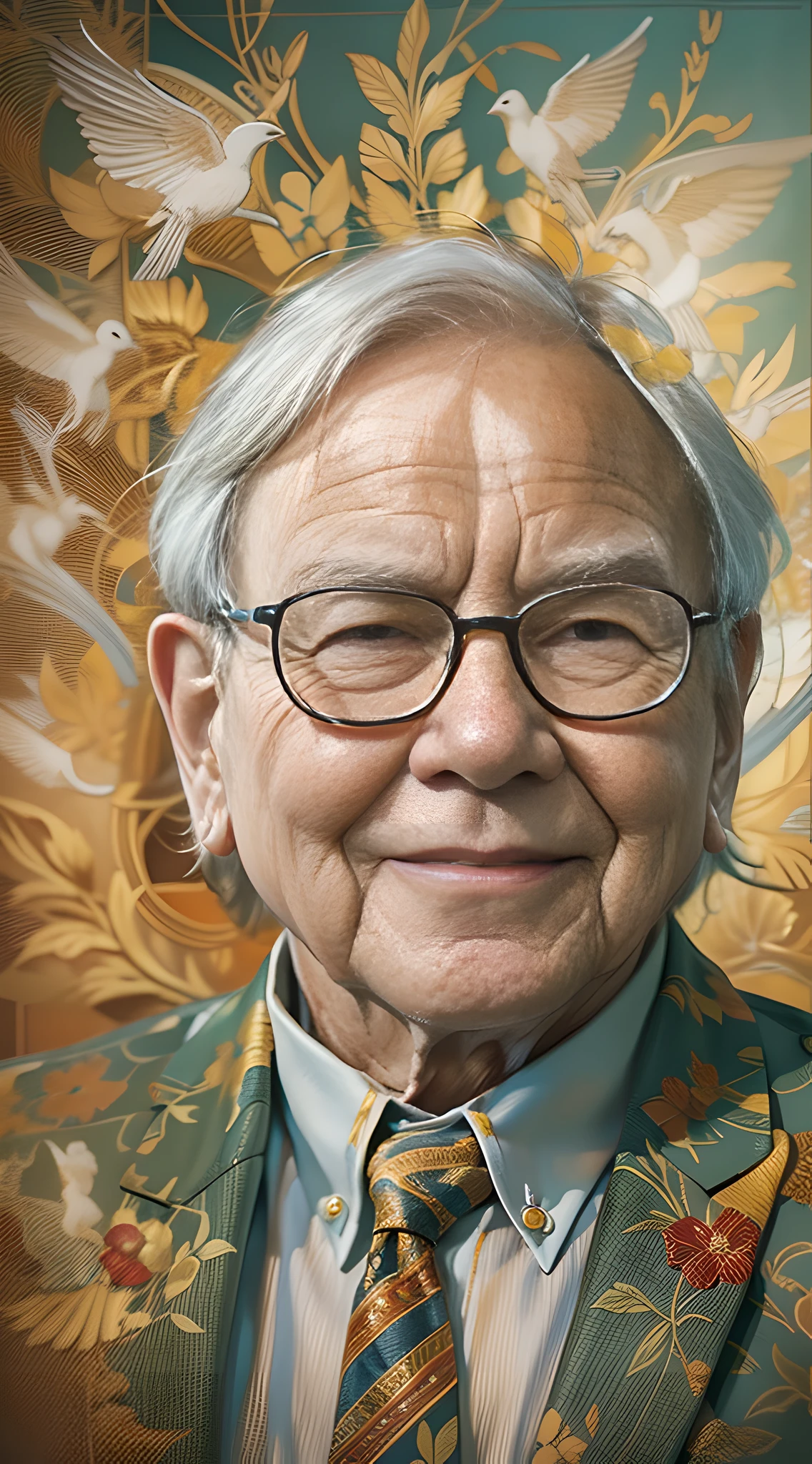 An artistic illustration of Warren Buffett, envisioned in a unique style reminiscent of the great masters, a harmonious blend of realism and flair, the scene resonating with rich colors, capturing the essence of his accomplishments, the atmosphere radiating tranquility and success, --v 5 --stylize 1000