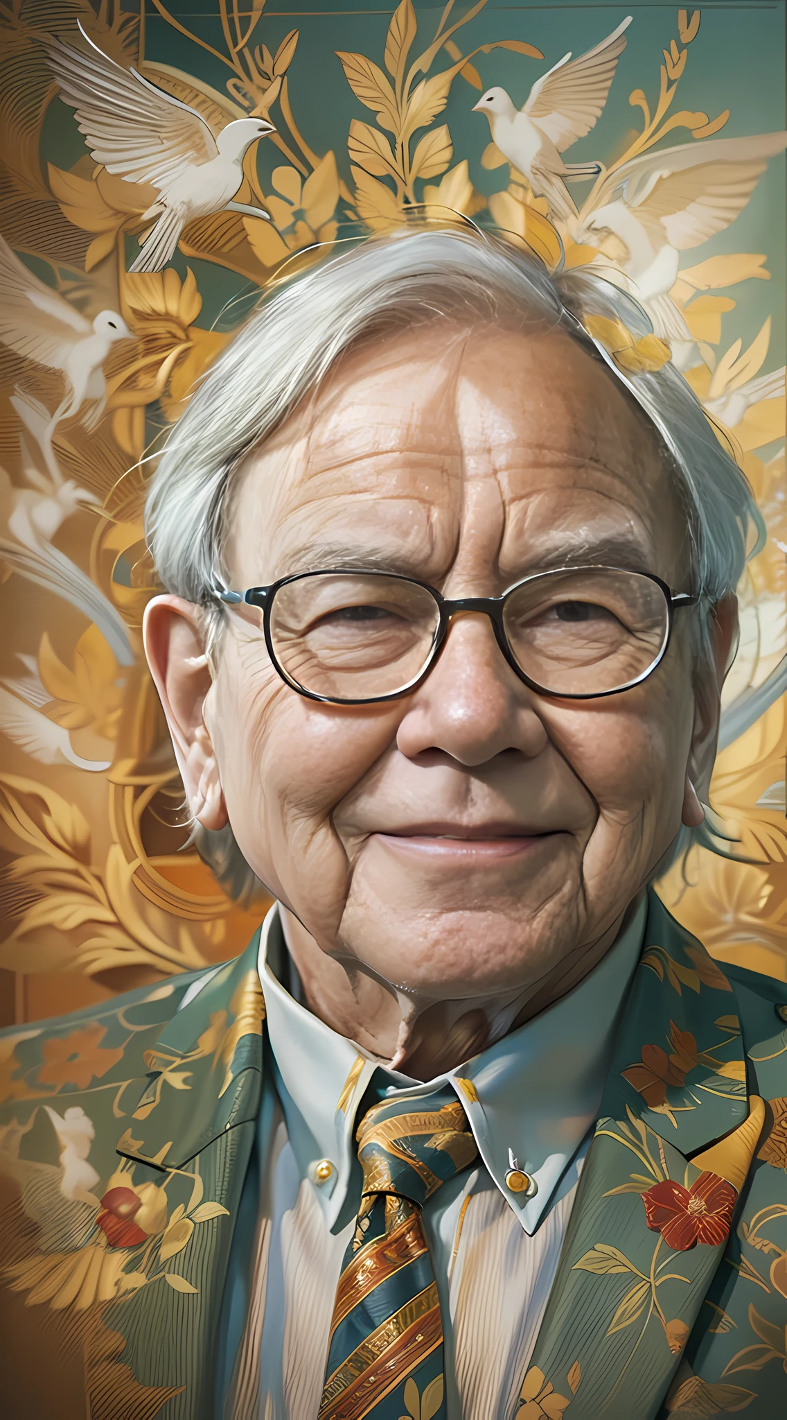 An artistic illustration of Warren Buffett, envisioned in a unique style reminiscent of the great masters, a harmonious blend of realism and flair, the scene resonating with rich colors, capturing the essence of his accomplishments, the atmosphere radiating tranquility and success, --v 5 --stylize 1000