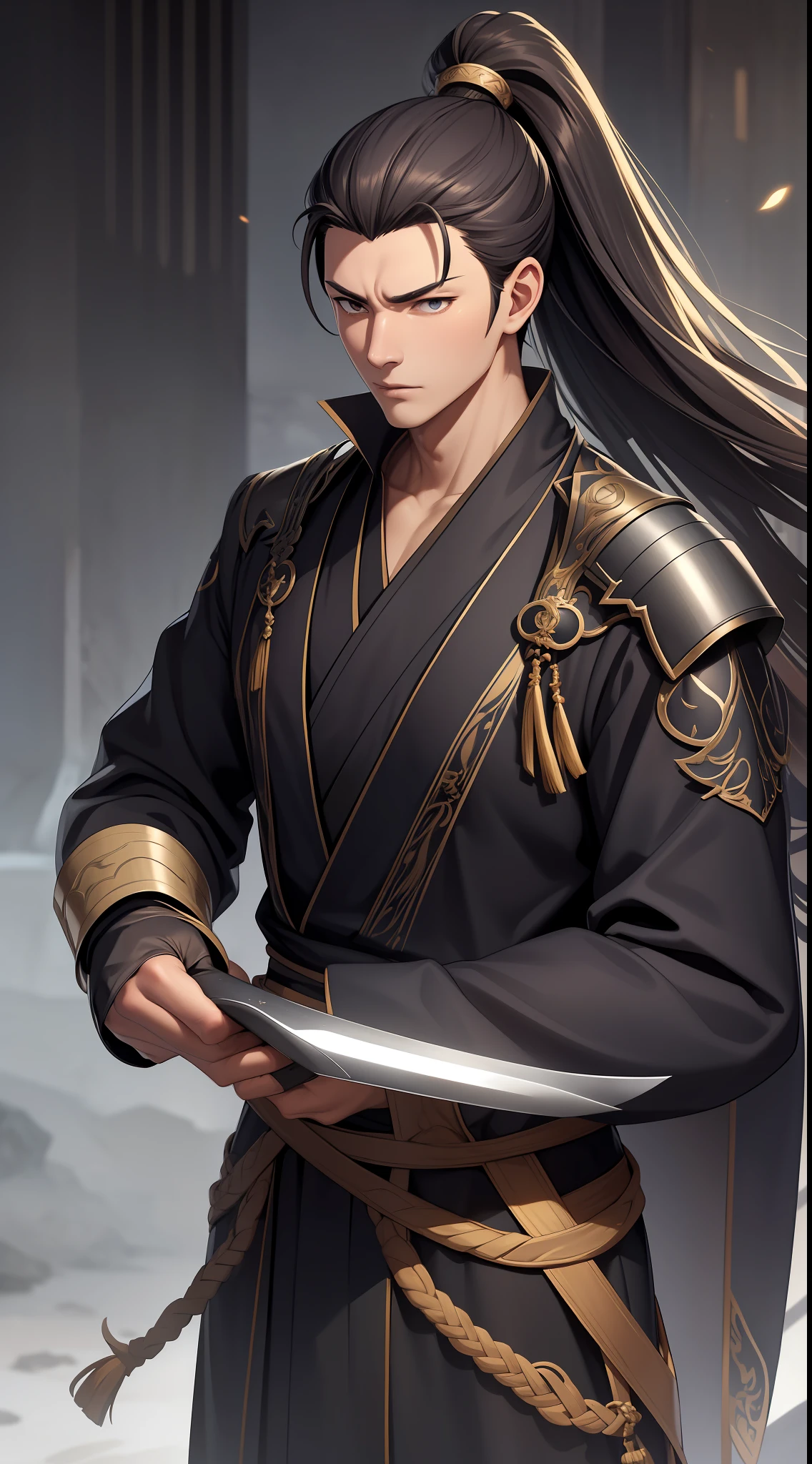 quadratic element,style of anime,mtu(Male Warrior),The proportions are correct,Face details,swordsmen,High ponytail hairstyle,Neck details,There is an Adam's apple,Black Hanfu,kaftan,black toga,clothes details,Handing over,longer sleeves,Game quality,Swordsmanship,Light and shadow tracking,Ray traching,detailed glow,cg render,hair detail,cabelos preto e longos,Black ㇏ eyes,Handsome,Handsome,(juvenile sense),Clothing is complicated,Perfectcomposition,Refinement,high qulity,higher details,Lots of details,The background is complex,a sense of atmosphere,