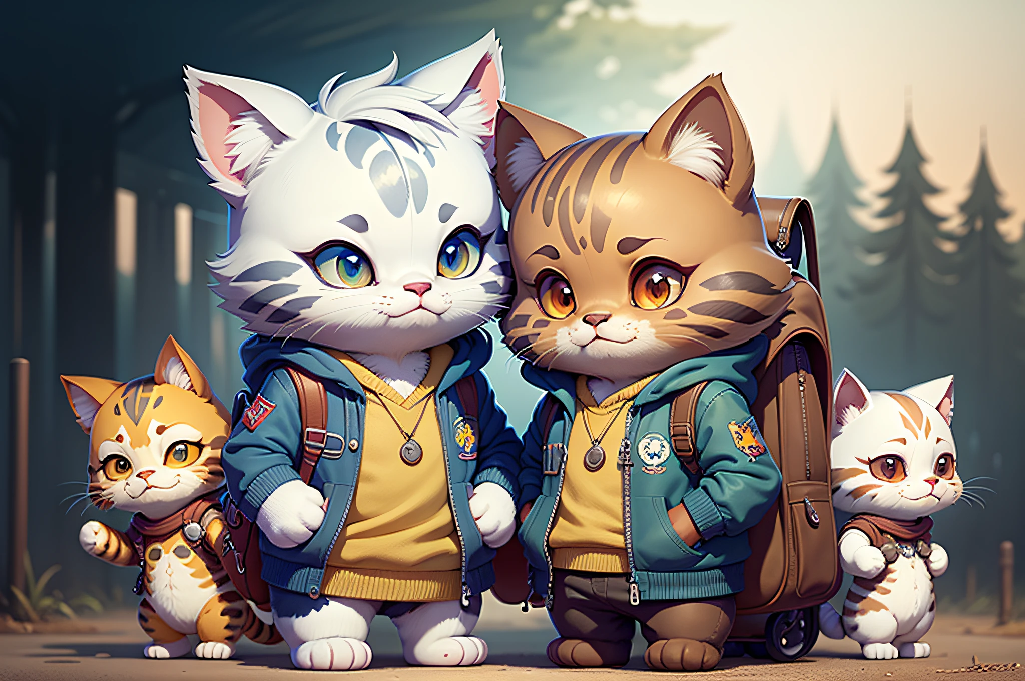 c4tt4stic, 2 cute kittens, Elementary school uniforms, bookbag, Anthropomorphic cat,
