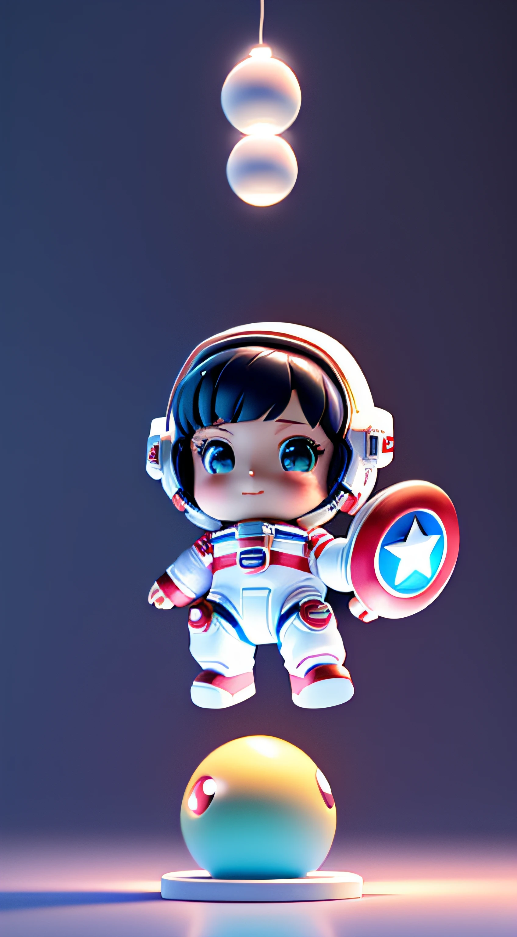 Super cute captain america full body 3D drawing, 1pc, good looking eyes, big eyes, cute, happy, c4d, pop matt blind box, glowing bubbles, captain america toys, solid color background, captain america chibi, fluorescent translucency, luminous body, kawaii, doll, (((captain america as astronaut, white spacesuit)))), reference sheet, pop mart blind box, Pixar, intricate details, 3d rendering, blender, oc renderer, fol reference body sheet, dribble, High Details, 8K, Studio Lighting, Loli, Petite, Child, Chibi, SD characters: 1.1, Magic Space Background, Flying, Levitating, Black Hair