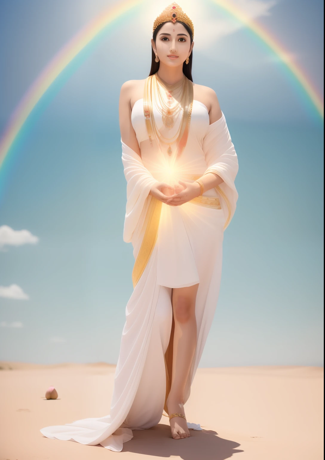 In the void, Beautiful goddess standing leisurely in a garden wonderland,The wind blew streamers and flew up,Five-colored cloudy sky,Perfect body posture,Barefoot,Beautiful eyes sparkle,The large, Jewel-like eyes sparkle,Clear pupils have reflected light,二重まぶた,Lying silkworm,((Plump and rosy lips))Nipples clearly visible,((Flushed cheeks)),The mandible is plump,Fair skin is delicate and smooth,Delicate skin translucent,A delicate and dexterous crown,inlaid gemstones,Exquisite and ingenious,inlaid gemstones,Sitting on a light red lotus in the air,look straight at the camera,(((nice hand))),((((Good feet))),(((good legs))),realisticlying,white skinned,((Correct body structure)),White clothing,decorated in white,baiyun,Blue sky,Head background with round light,Behind him is a colorful rainbow circle,Color glow is turned on,Front lighting,Positive light,No shadows on the face,There are no shadows on the body,Blue sky,Unreal space,ethereal world,dreamworld,with blue sky and white clouds,tmasterpiece,4K,ultra-definition,professional photoshooting,Standard lens shooting,
