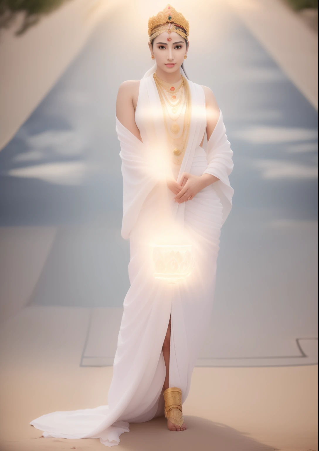 In the void, Beautiful goddess standing leisurely in a garden wonderland,The wind blew streamers and flew up,Five-colored cloudy sky,Perfect body posture,Barefoot,Beautiful eyes sparkle,The large, Jewel-like eyes sparkle,Clear pupils have reflected light,二重まぶた,Lying silkworm,((Plump and rosy lips))Nipples clearly visible,((Flushed cheeks)),The mandible is plump,Fair skin is delicate and smooth,Delicate skin translucent,A delicate and dexterous crown,inlaid gemstones,Exquisite and ingenious,inlaid gemstones,Sitting on a light red lotus in the air,look straight at the camera,(((nice hand))),((((Good feet))),(((good legs))),realisticlying,white skinned,((Correct body structure)),White clothing,decorated in white,baiyun,Blue sky,Head background with round light,Behind him is a colorful rainbow circle,Color glow is turned on,Front lighting,Positive light,No shadows on the face,There are no shadows on the body,Blue sky,Unreal space,ethereal world,dreamworld,with blue sky and white clouds,tmasterpiece,4K,ultra-definition,professional photoshooting,Standard lens shooting,