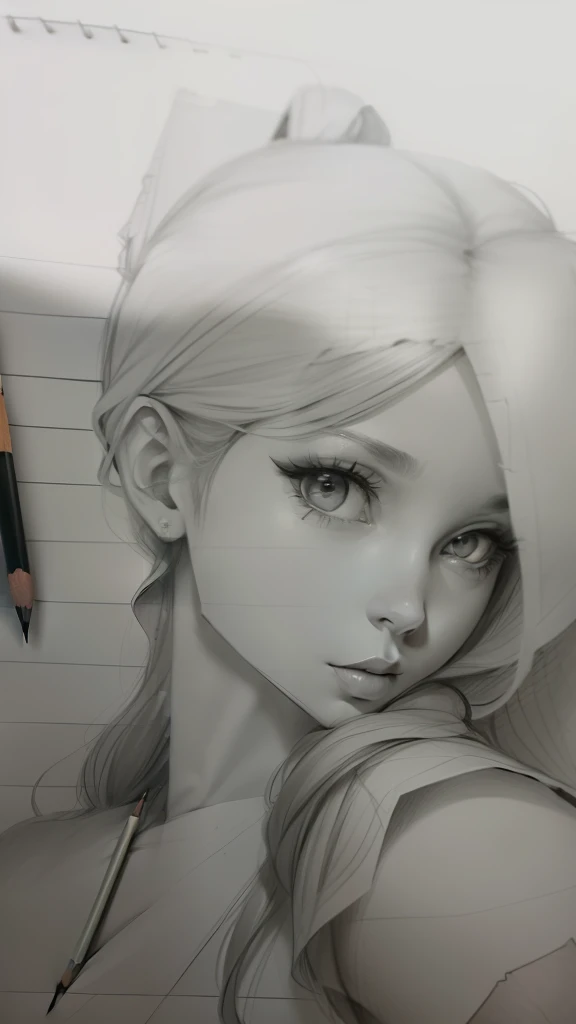 ((pencil draw+detalhado):1.2), garota, desenho em papel.