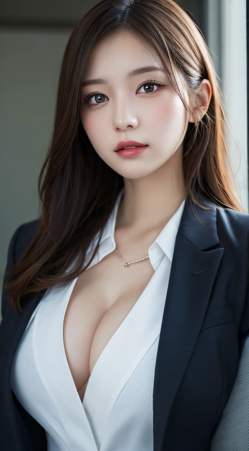 masterpiece, best quality, illustration, ultra-detailed, finely detail, highres, 8k wallpaper, perfect dynamic composition, beautiful detailed eyes, business suit, natural lip, big breasts, natural hair
