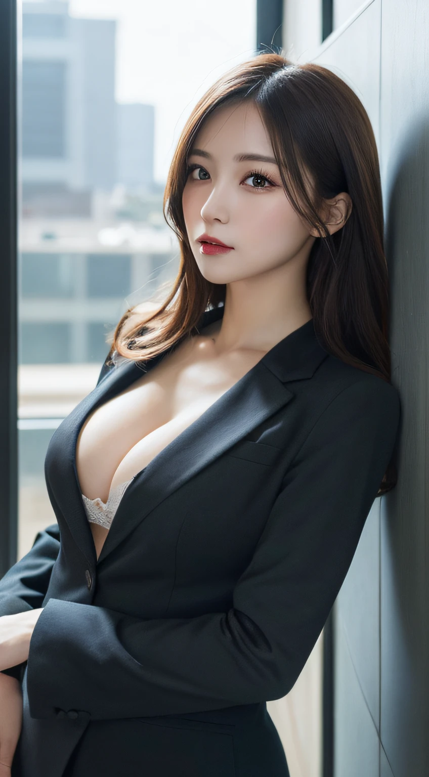 masterpiece, best quality, illustration, ultra-detailed, finely detail, highres, 8k wallpaper, perfect dynamic composition, beautiful detailed eyes, business suit, natural lip, big breasts, natural hair