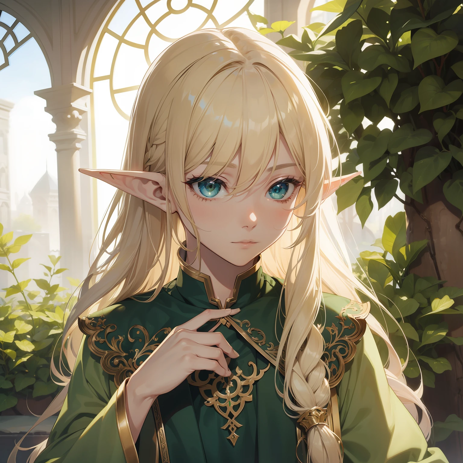 filigree，realisticlying，1boy ，独奏，Long blonde hair，Green eyes，elf prince，Delicate facial features，