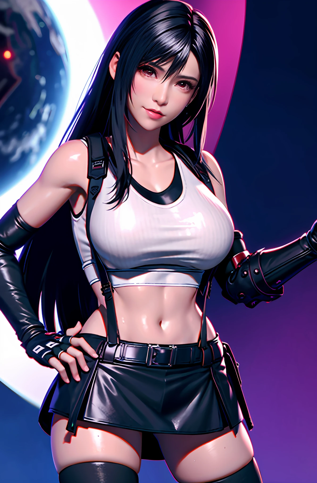 Tifa lockhart, tifa_lockhart,  ff7, sultry face, (white tank top:1.5), black latex miniskirt, (black long hair), hair bangs (red eyes:1.2) long eyelashes, surrealism, shadow, stereogram, POV, atmospheric perspective, cinematic lighting, ray tracing, 8k, super detail, best quality, masterpiece, well detailed,combat gloves, big breasts, slim, large boobs, huge boobs, spreading legs, white thong (smiling)