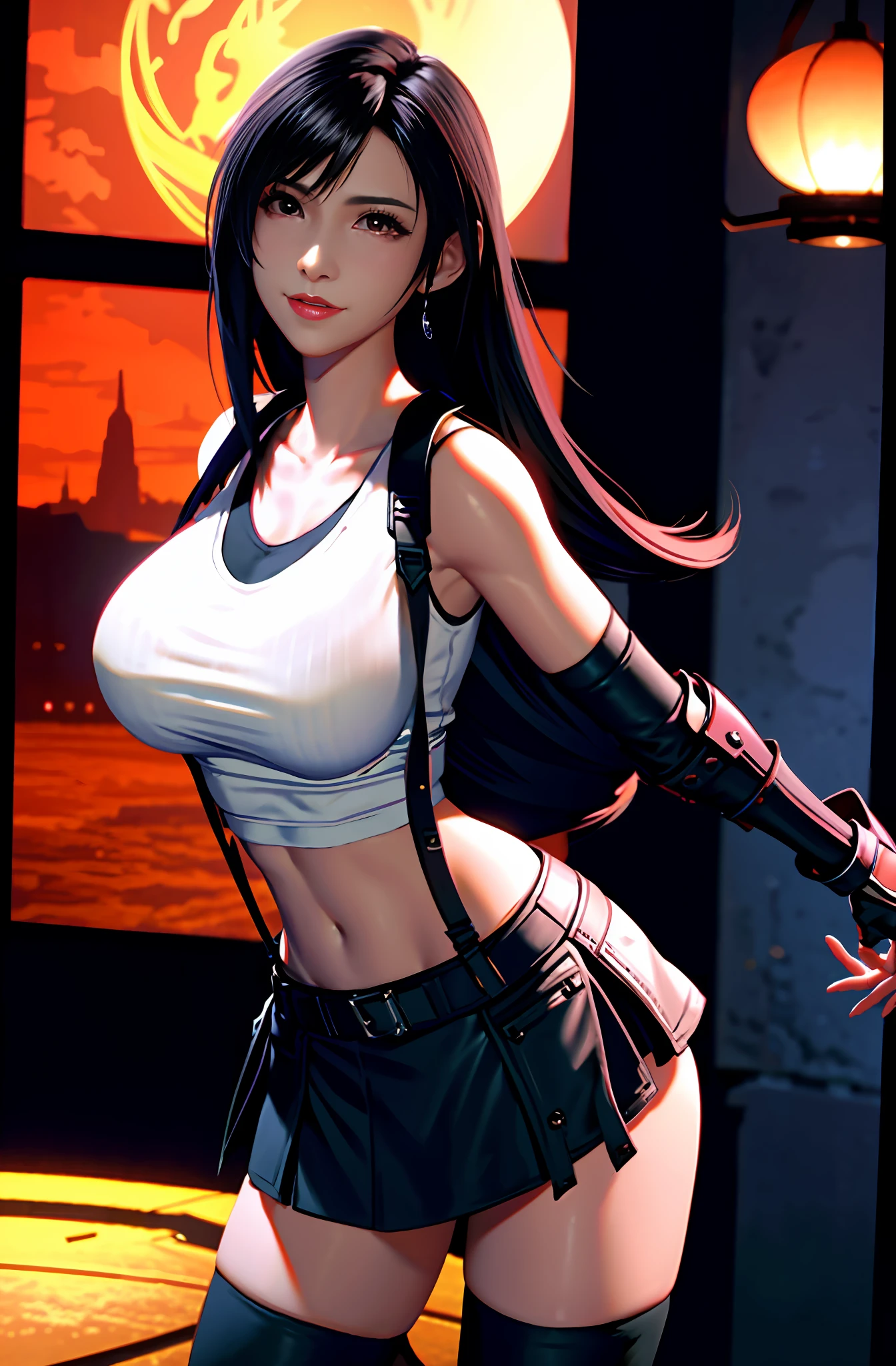 Tifa lockhart, tifa_lockhart,  ff7, sultry face, (white tank top:1.5), black latex miniskirt, (black long hair), hair bangs (red eyes:1.2) long eyelashes, surrealism, shadow, stereogram, POV, atmospheric perspective, cinematic lighting, ray tracing, 8k, super detail, best quality, masterpiece, well detailed,combat gloves, big breasts, slim, large boobs, huge boobs, spreading legs, white thong (smiling)