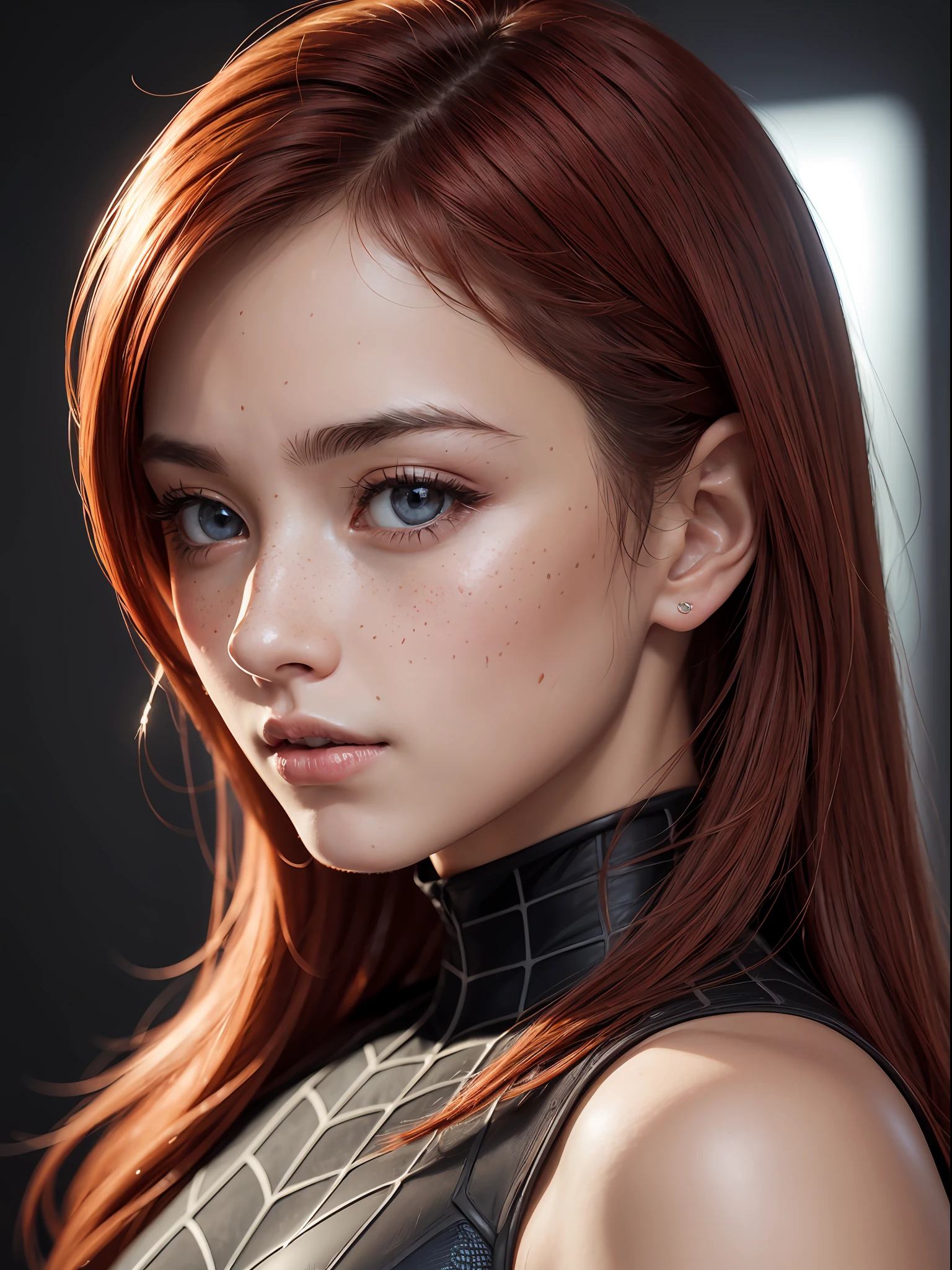 extremely detailed CG,UHD wallpaper, Extreme details,(realistic:1.2),(((best quality))), ((ultra-detailed)), (cute detailed face:1.2), {{highly detailed face}},beautiful and aesthetic,1girl,(masterpiece:1.4),glowing skin,dramatic shadows, intense shadows, SIGMA 35mm F1.4, ISO 200 Shutter Speed 2000,Photorealism,{photorealistic}, photogenic, Girl, finely detailed,HIGH RES, {{intricate detail}},(((beautiful detailed lighting))),beautiful detailed colorful eyes, best quality, 1girl, masterpiece, best quality, 8k, detailed skin texture, detailed cloth texture, beautiful detailed face, intricate details, ultra detailed, european youth, european beauty, Spider-Man uniform, straight red hair, (full body:1.2), freckles, dynamic pose, dynamic angle,