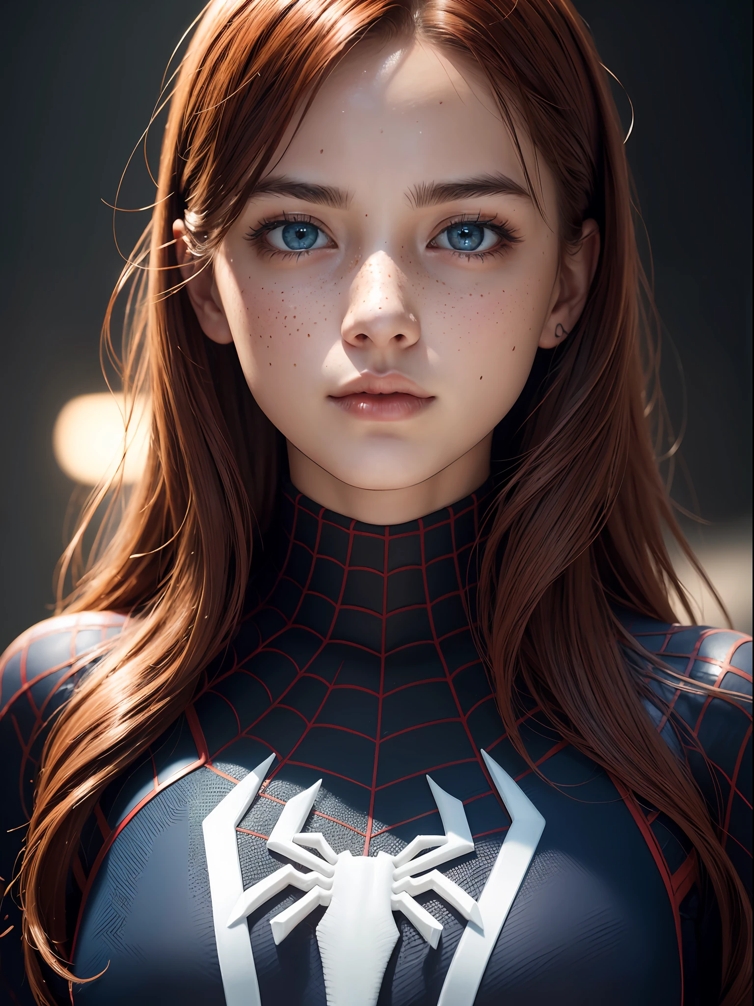 extremely detailed CG,UHD wallpaper, Extreme details,(realistic:1.2),(((best quality))), ((ultra-detailed)), (cute detailed face:1.2), {{highly detailed face}},beautiful and aesthetic,1girl,(masterpiece:1.4),glowing skin,dramatic shadows, intense shadows, SIGMA 35mm F1.4, ISO 200 Shutter Speed 2000,Photorealism,{photorealistic}, photogenic, Girl, finely detailed,HIGH RES, {{intricate detail}},(((beautiful detailed lighting))),beautiful detailed colorful eyes, best quality, 1girl, masterpiece, best quality, 8k, detailed skin texture, detailed cloth texture, beautiful detailed face, intricate details, ultra detailed, european youth, european beauty, Spider-Man uniform, straight red hair, (full body:1.2), freckles, dynamic pose, dynamic angle,