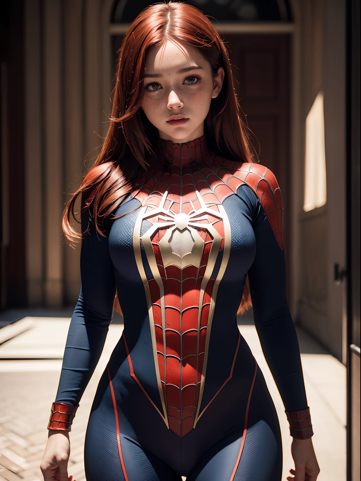 extremely detailed CG,UHD wallpaper, Extreme details,(realistic:1.2),(((best quality))), ((ultra-detailed)), (cute detailed face:1.2), {{highly detailed face}},beautiful and aesthetic,1girl,(masterpiece:1.4),glowing skin,dramatic shadows, intense shadows, SIGMA 35mm F1.4, ISO 200 Shutter Speed 2000,Photorealism,{photorealistic}, photogenic, Girl, finely detailed,HIGH RES, {{intricate detail}},(((beautiful detailed lighting))),beautiful detailed colorful eyes, best quality, 1girl, masterpiece, best quality, 8k, detailed skin texture, detailed cloth texture, beautiful detailed face, intricate details, ultra detailed, european youth, european beauty, Spider-Man uniform, straight red hair, (full body:1.2), freckles, dynamic pose, dynamic angle,