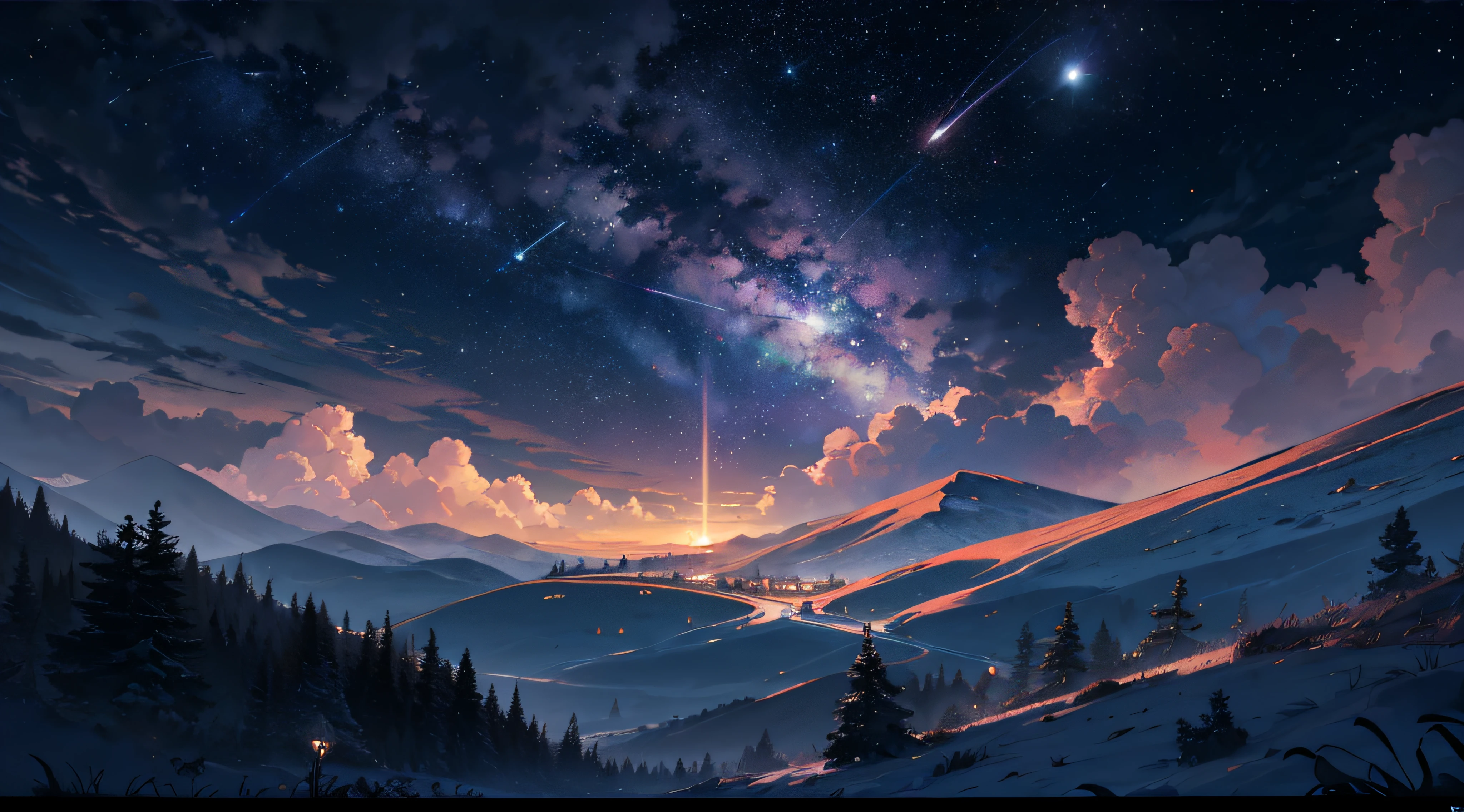 Expansive landscape photograph,(moon full:1.2),(meteors:0.9),(Starcloud:1.3),(Warm light source:1.2),(glowworm:1.2),lamp lights,Lots of purple and orange,Complicated details,Volumetriclighting,Realism BREAK(tmasterpiece:1.2),(best qualtiy),8K,Ultra-detailed,(dynamic compositions:1.4),The is very detailed,Colorful details,(Irridescent color:1.2),(luminouslighting,Atmospheric lighting),dream magical,magical,(独奏:1.2),((best qualtiy)), ((tmasterpiece)), (the detail:1.4),depth of fields,maximum definition and sharpness,perfectly proportions,Fluttering clouds,Wallpapers