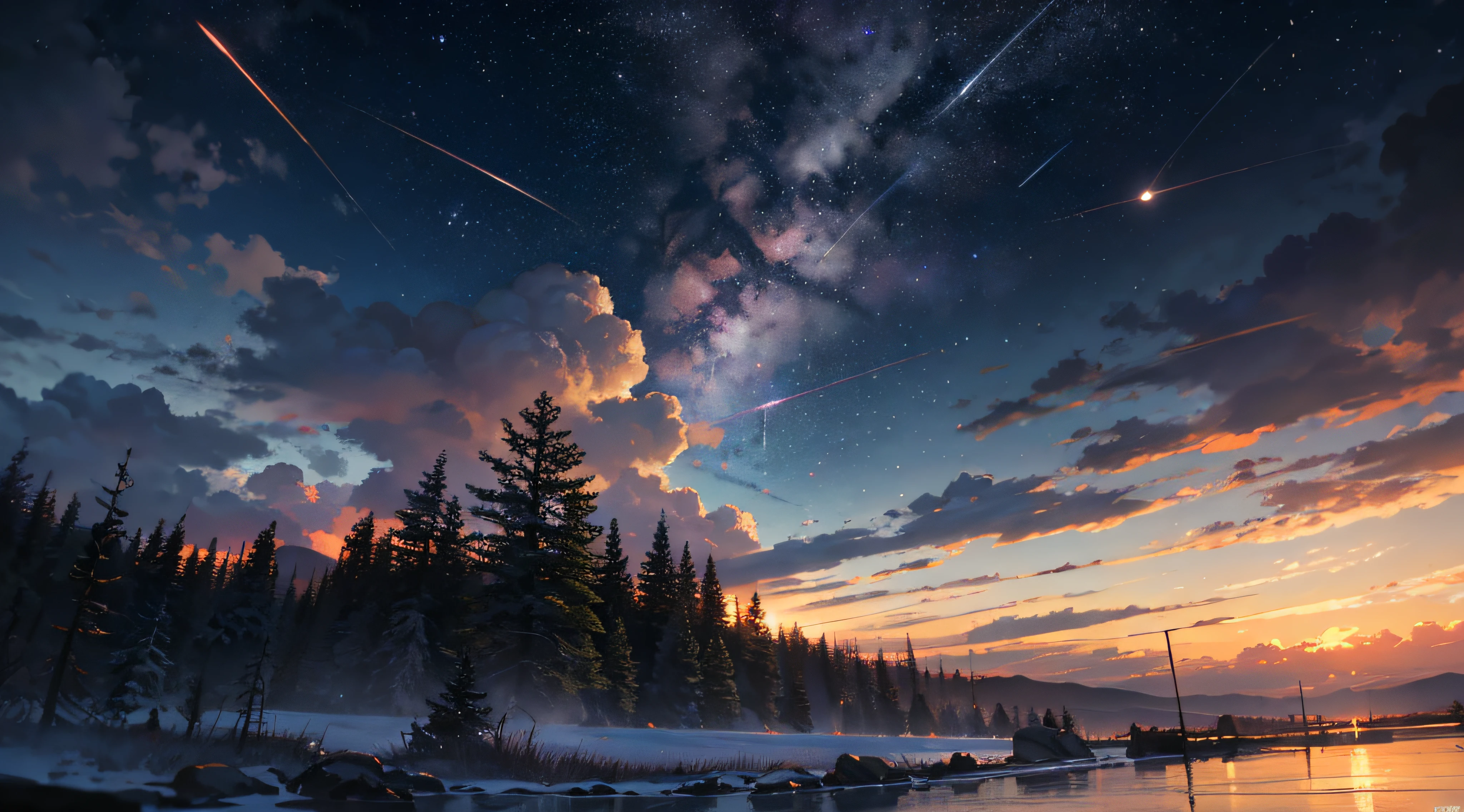 Expansive landscape photograph,(moon full:1.2),(meteors:0.9),(Starcloud:1.3),(Warm light source:1.2),(glowworm:1.2),lamp lights,Lots of purple and orange,Complicated details,Volumetriclighting,Realism BREAK(tmasterpiece:1.2),(best qualtiy),8K,Ultra-detailed,(dynamic compositions:1.4),The is very detailed,Colorful details,(Irridescent color:1.2),(luminouslighting,Atmospheric lighting),dream magical,magical,(独奏:1.2),((best qualtiy)), ((tmasterpiece)), (the detail:1.4),depth of fields,maximum definition and sharpness,perfectly proportions,Fluttering clouds,Wallpapers