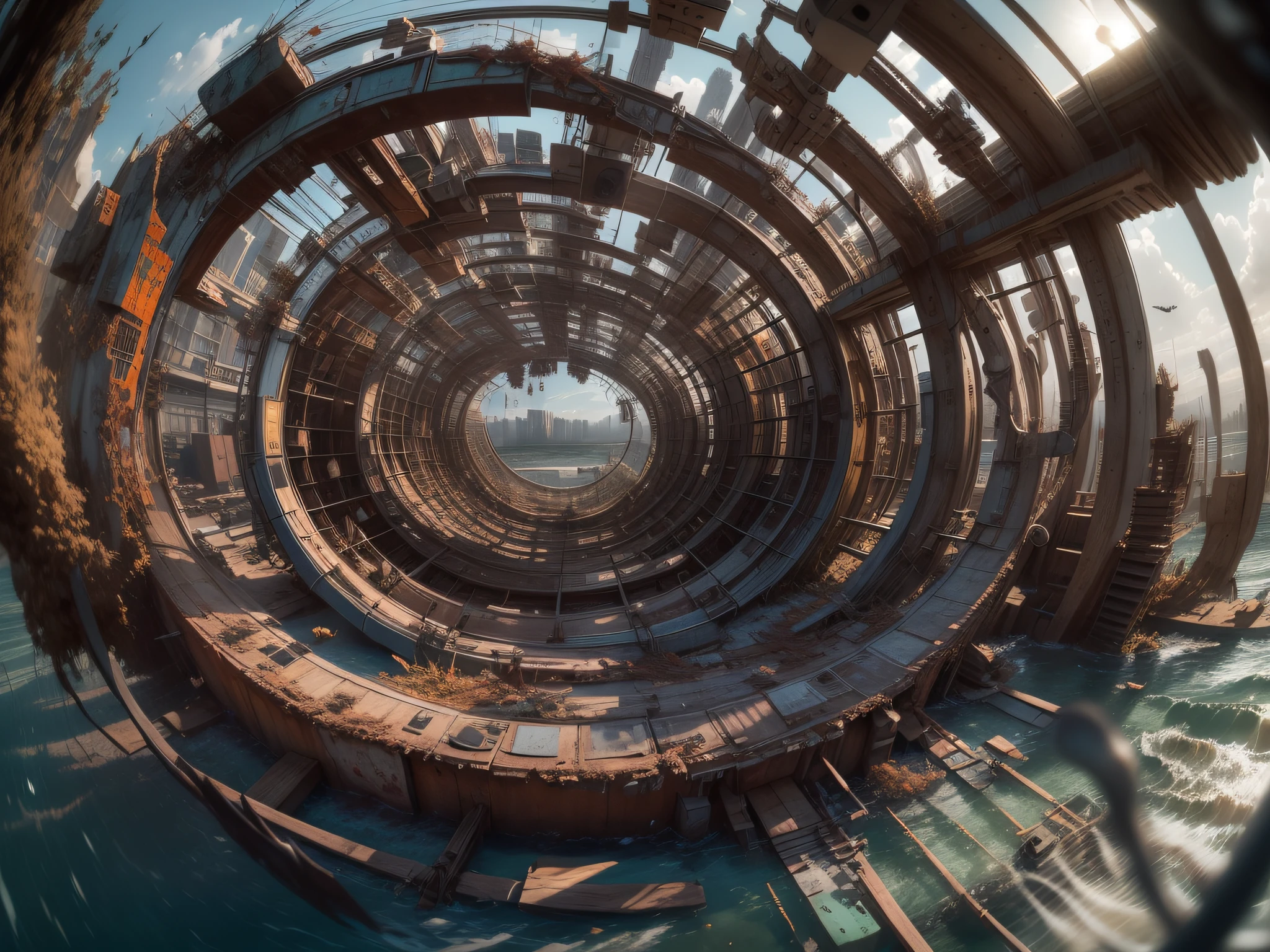 a heavily distorted, fading late morning clear sky, a singular object comprised of contorted feathers/machinery/pipes/rusted components is floating in the air, extra detail, 4kHD details, best resolution, surrealistic composition, extreme camera angle, motion blur, depth of field, foreshortening, tilted camera angle, cinematic lighting, movie scene, precise details, intense details, panoramic image, fish eye lens view, image within image