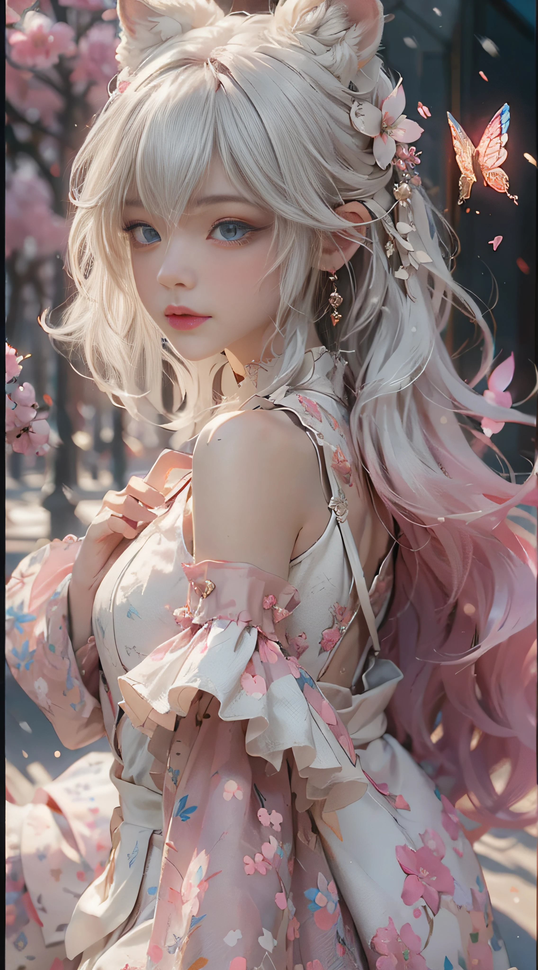 ((best qualtiy)), ((tmasterpiece)), (detail:1.4), Beautiful cyberpunk female images,hdr(HighDynamicRange),Ray traching,NVIDIA RTX,Hyper-Resolution,illusory 5,sub surface scattering,PBR textures,post-proces,Anisotropy Filtering,depth of fields,maximum definition and sharpness,Many-Layer Textures,Albedo e mapas Speculares,Surface coloring,Mitsu-Accurate simulation of material interactions,perfectly proportioned,rendering by octane,Two-colored light,largeaperture,Low ISO,White balance,Rule three points、8K raw data、Beautiful bright blue pupils,off-the-shoulder clothes,Fine pupils,Delicate face and eyes,long eyelasher,Blushlush,Delicate and fluffy hair,pink lip,Pure,Cute face,Sweet girl,Artistic sense,Casual wear,Advancedsense,butterflys,Cherry blossom petal,Beautiful hair accessories,Long hair and waist,Hair fluttering in the wind,Snow-white fox ears,curlies,Snow-white fluffy tail,Positive light,The light from the back window is backlighted