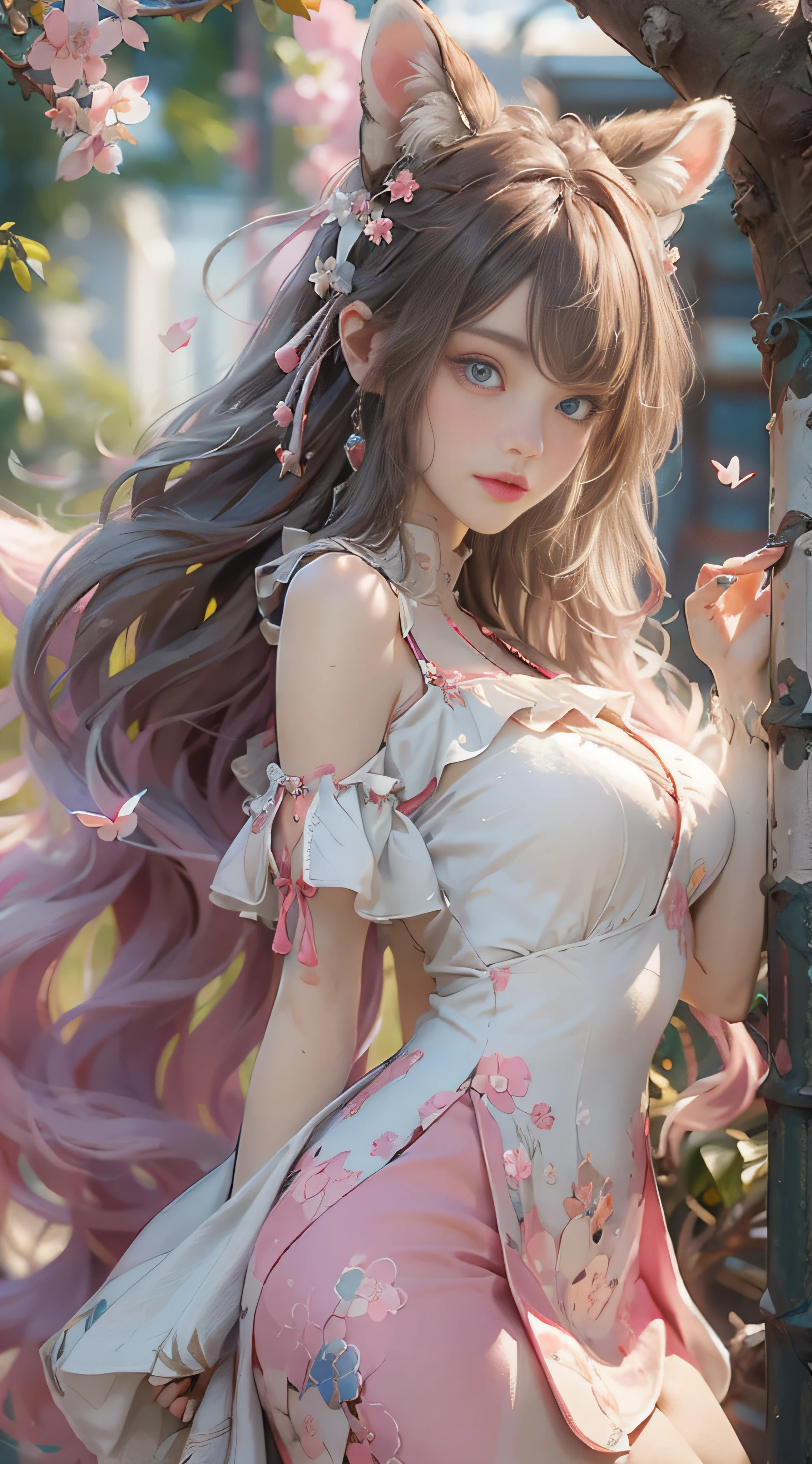 ((best qualtiy)), ((tmasterpiece)), (detail:1.4), Beautiful cyberpunk female images,hdr(HighDynamicRange),Ray traching,NVIDIA RTX,Hyper-Resolution,illusory 5,sub surface scattering,PBR textures,post-proces,Anisotropy Filtering,depth of fields,maximum definition and sharpness,Many-Layer Textures,Albedo e mapas Speculares,Surface coloring,Mitsu-Accurate simulation of material interactions,perfectly proportioned,rendering by octane,Two-colored light,largeaperture,Low ISO,White balance,Rule three points、8K raw data、Beautiful bright blue pupils,off-the-shoulder clothes,Fine pupils,Delicate face and eyes,long eyelasher,Blushlush,Delicate and fluffy hair,pink lip,Pure,Cute face,Sweet girl,Artistic sense,Casual wear,Advancedsense,butterflys,Cherry blossom petal,Beautiful hair accessories,Long hair and waist,Hair fluttering in the wind,Snow-white fox ears,curlies,Snow-white fluffy tail,Positive light,The light from the back window is backlighted