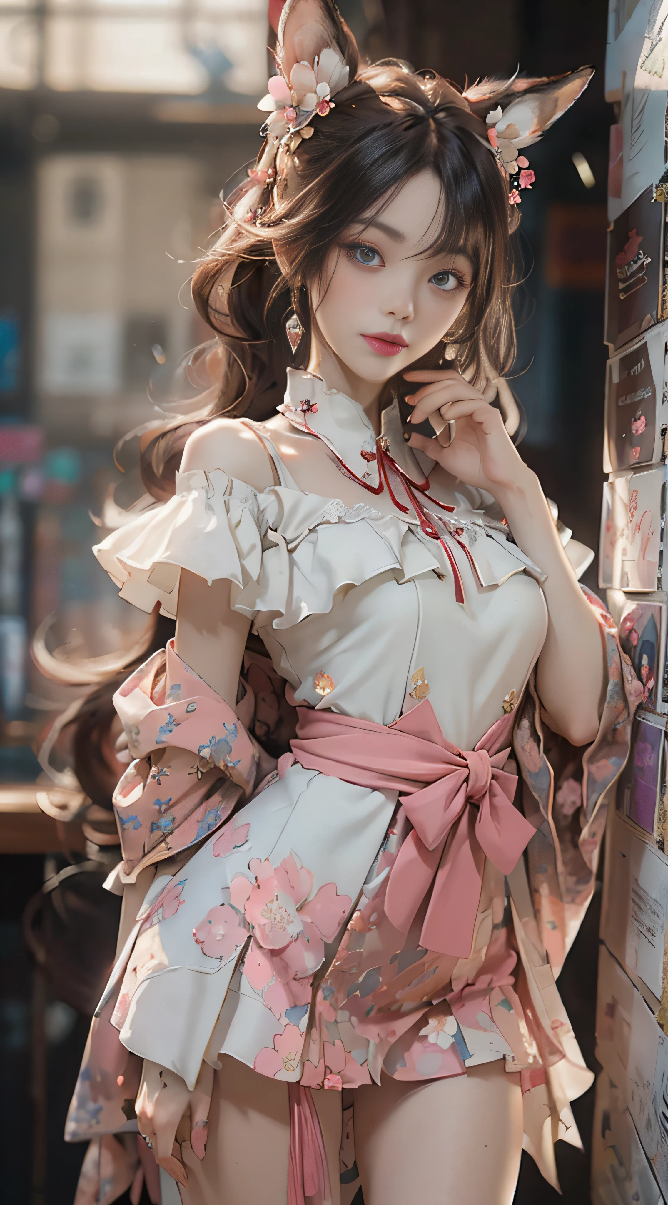 ((best qualtiy)), ((tmasterpiece)), (detail:1.4), Beautiful cyberpunk female images,hdr(HighDynamicRange),Ray traching,NVIDIA RTX,Hyper-Resolution,illusory 5,sub surface scattering,PBR textures,post-proces,Anisotropy Filtering,depth of fields,maximum definition and sharpness,Many-Layer Textures,Albedo e mapas Speculares,Surface coloring,Mitsu-Accurate simulation of material interactions,perfectly proportioned,rendering by octane,Two-colored light,largeaperture,Low ISO,White balance,Rule three points、8K raw data、Beautiful bright blue pupils,off-the-shoulder clothes,Fine pupils,Delicate face and eyes,long eyelasher,Blushlush,Delicate and fluffy hair,pink lip,Pure,Cute face,Sweet girl,Artistic sense,Casual wear,Advancedsense,butterflys,Cherry blossom petal,Beautiful hair accessories,Long hair and waist,Hair fluttering in the wind,Snow-white fox ears,curlies,Snow-white fluffy tail,Positive light,The light from the back window is backlighted