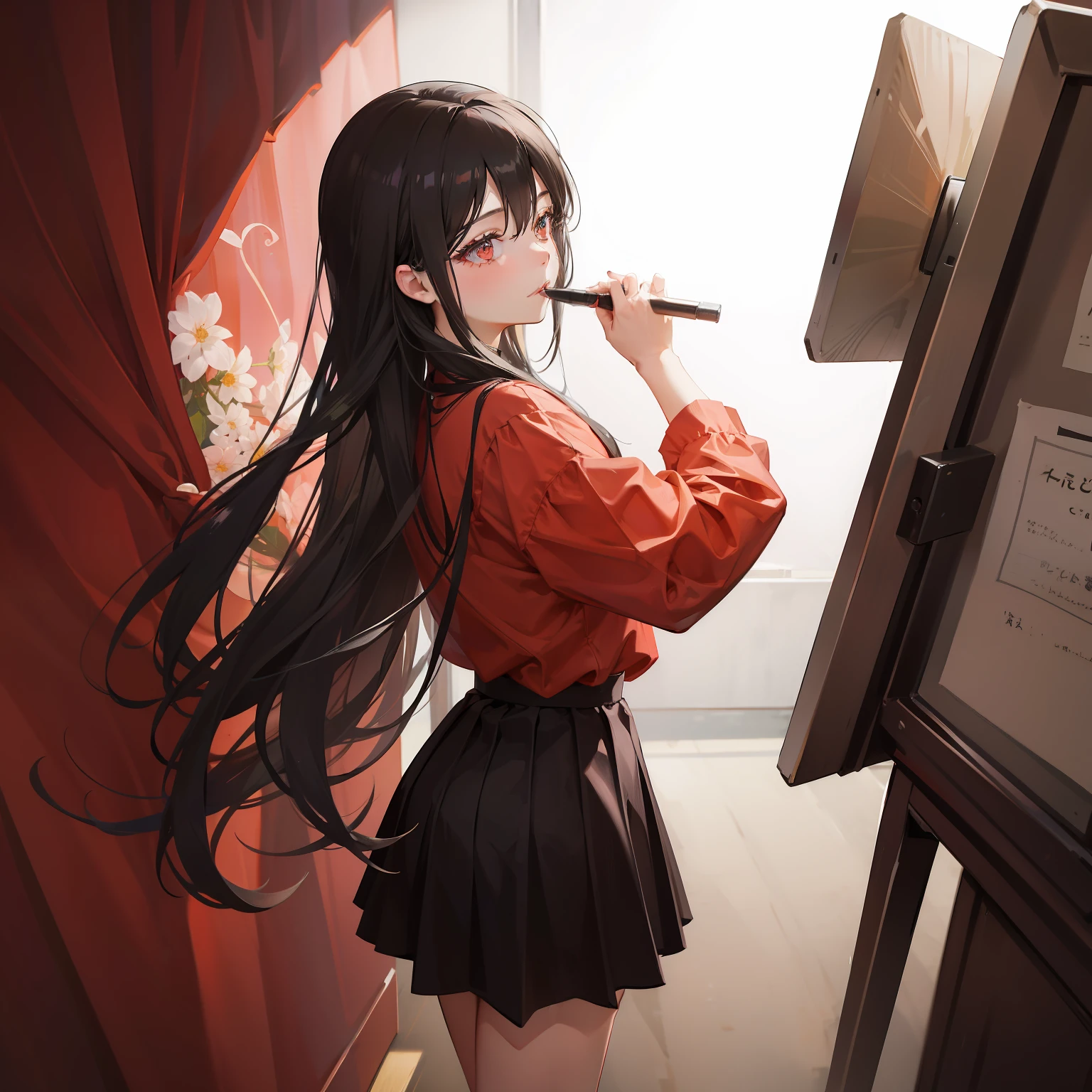 Long hair girl in red shirt and black skirt.休憩 You are putting on makeup.