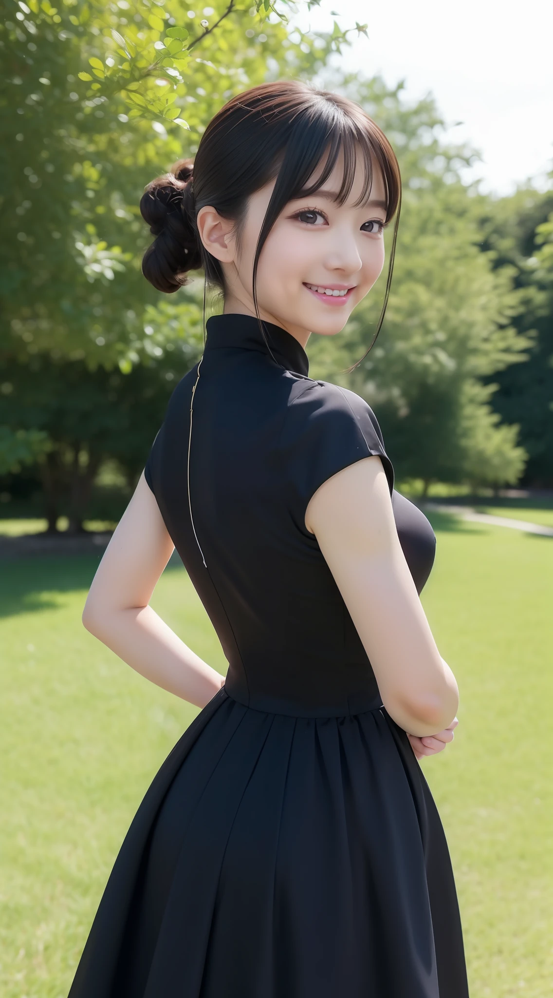 (((Top image quality、8K、masterpiece、top-quality、1人の女性)))、((Beautie、Beautuful Women、kawaii、The face is orderly、Double eyelids、The whole body is shown))、(ighly detailed:1,3)、、cute little、Anime Cosplay、((I'm cosplaying))、The whole body is shown、Like a shot with an SLR、animesque、the pose、((Turning around))、facing back、A smile、Spy Family、Yolfaujer、qipao dress、Pure black color、qipao dress、chinese clothes、Breasts are big