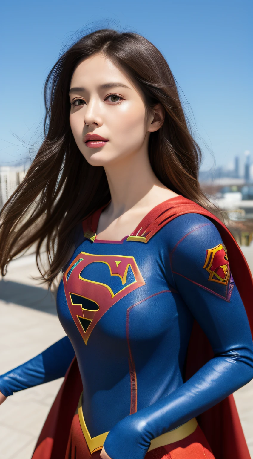 （((Supergirl Costume))）、(during daytime、excellent、8K、​masterpiece:1.3)), full bodyesbian, Long feet, Focal length: 1.2, Perfect Body Beauty: 1.4, Slim abs: 1.1, ((Dark brown hair, huge tit: 1.2 )),  ((City, Blue Sky, White Cloud: 1.3)), Detailed face and skin texture, Detail Eye, 二重まぶた, Flying Longhair