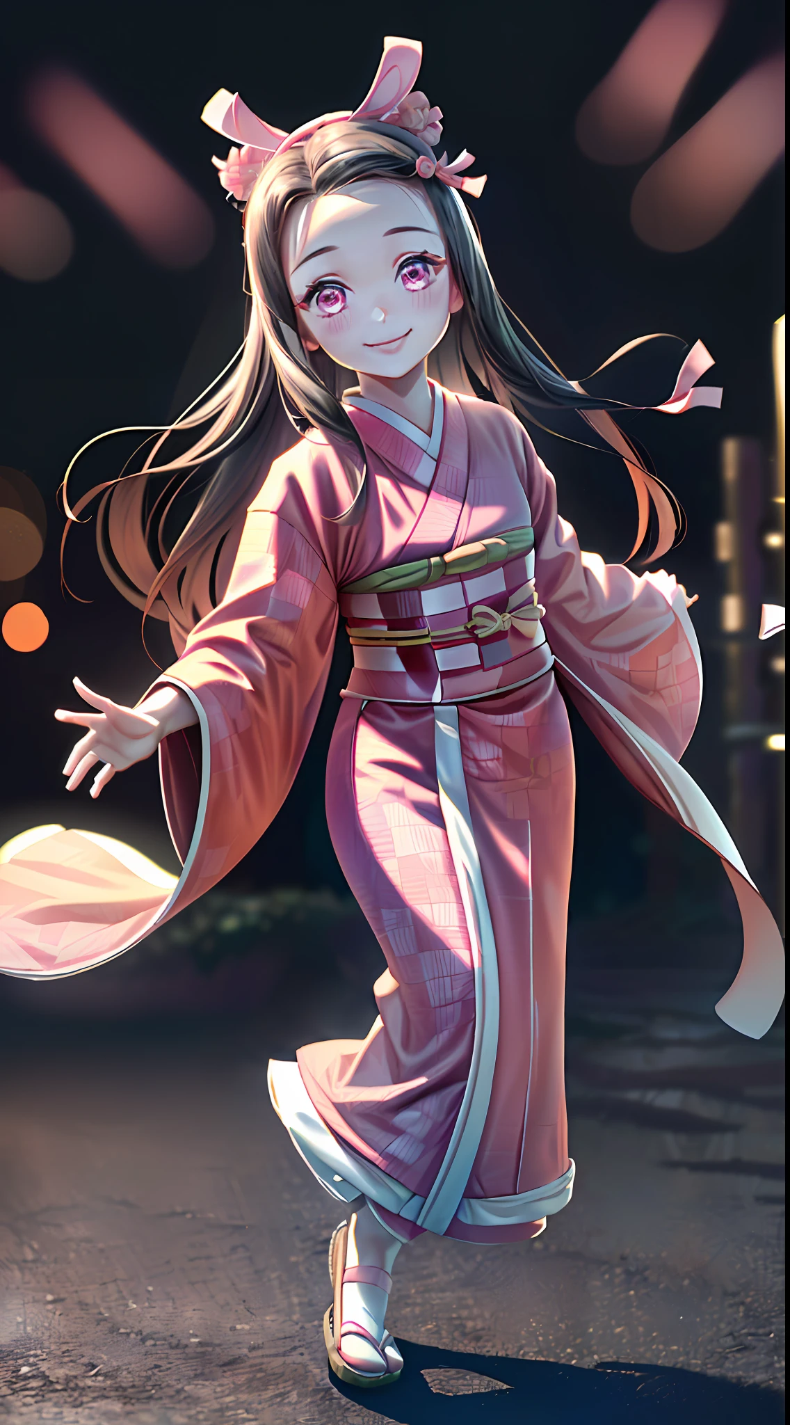 Masterpiece, Best Quality, High Resolution, Venus1, 1Girl, Solo, Kamato Nezuko, Bamboo, Brown Hair, (((((Pink Ribbon)) Checkered Belt, No Gag, NO Gag, Gradient Hair, Haori, Japanese Clothing, Kimono, Long Hair, Looking Forward at Sunset Smiling, Pink Eyes, Pink Kimono, Pink Ribbon, Solo, Full Body, Front, Bokeh Background (85mm Lens), Front Camera, Resolution 1366 x 768