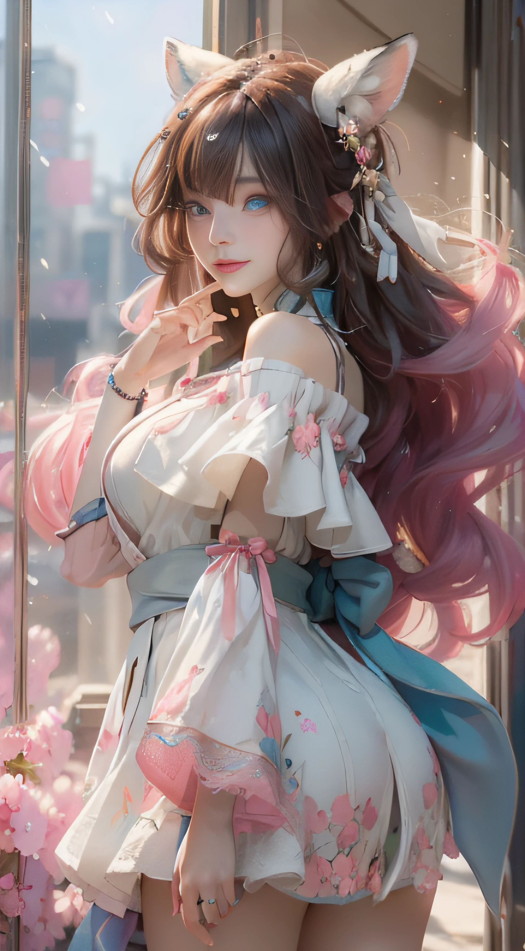 ((best qualtiy)), ((tmasterpiece)), (detail:1.4), Beautiful cyberpunk female images,hdr(HighDynamicRange),Ray traching,NVIDIA RTX,Hyper-Resolution,illusory 5,sub surface scattering,PBR textures,post-proces,Anisotropy Filtering,depth of fields,maximum definition and sharpness,Many-Layer Textures,Albedo e mapas Speculares,Surface coloring,Mitsu-Accurate simulation of material interactions,perfectly proportioned,rendering by octane,Two-colored light,largeaperture,Low ISO,White balance,Rule three points、8K raw data、Beautiful bright blue pupils,off-the-shoulder clothes,Fine pupils,Delicate face and eyes,long eyelasher,Blushlush,Delicate and fluffy hair,pink lip,Pure,Cute face,Sweet girl,Artistic sense,Casual wear,Advancedsense,butterflys,Cherry blossom petal,Beautiful hair accessories,Long hair and waist,Hair fluttering in the wind,Snow-white fox ears,curlies,Snow-white fluffy tail,Positive light,The light from the back window is backlighted