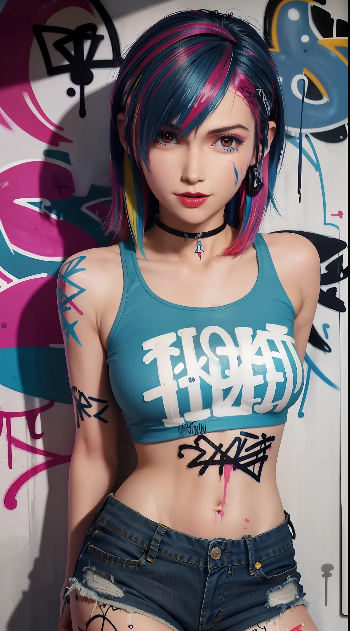 masterpiece, best quality, 1girl, solo, crop top, denim shorts, choker, (graffiti:1.5), paint splatter, arms behind back, against wall, looking at viewer, armband, thigh strap, paint on body, head tilt, bored, multicolored hair, aqua eyes, headset,