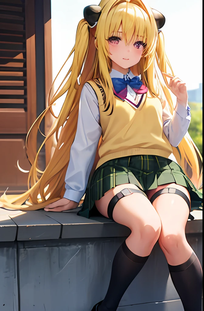 (masterpiece:1.6, best quality), (finely detailed beautiful eyes: 1.2), phyami, yamisch, 1girl, long hair, solo, school uniform, hair ornament, hair between eyes, two side up, blonde hair, very long hair, skirt, red eyes, thigh strap, sweater vest, plaid skirt, plaid, socks, two side up, hair ornament, pleated skirt, kneehighs
,