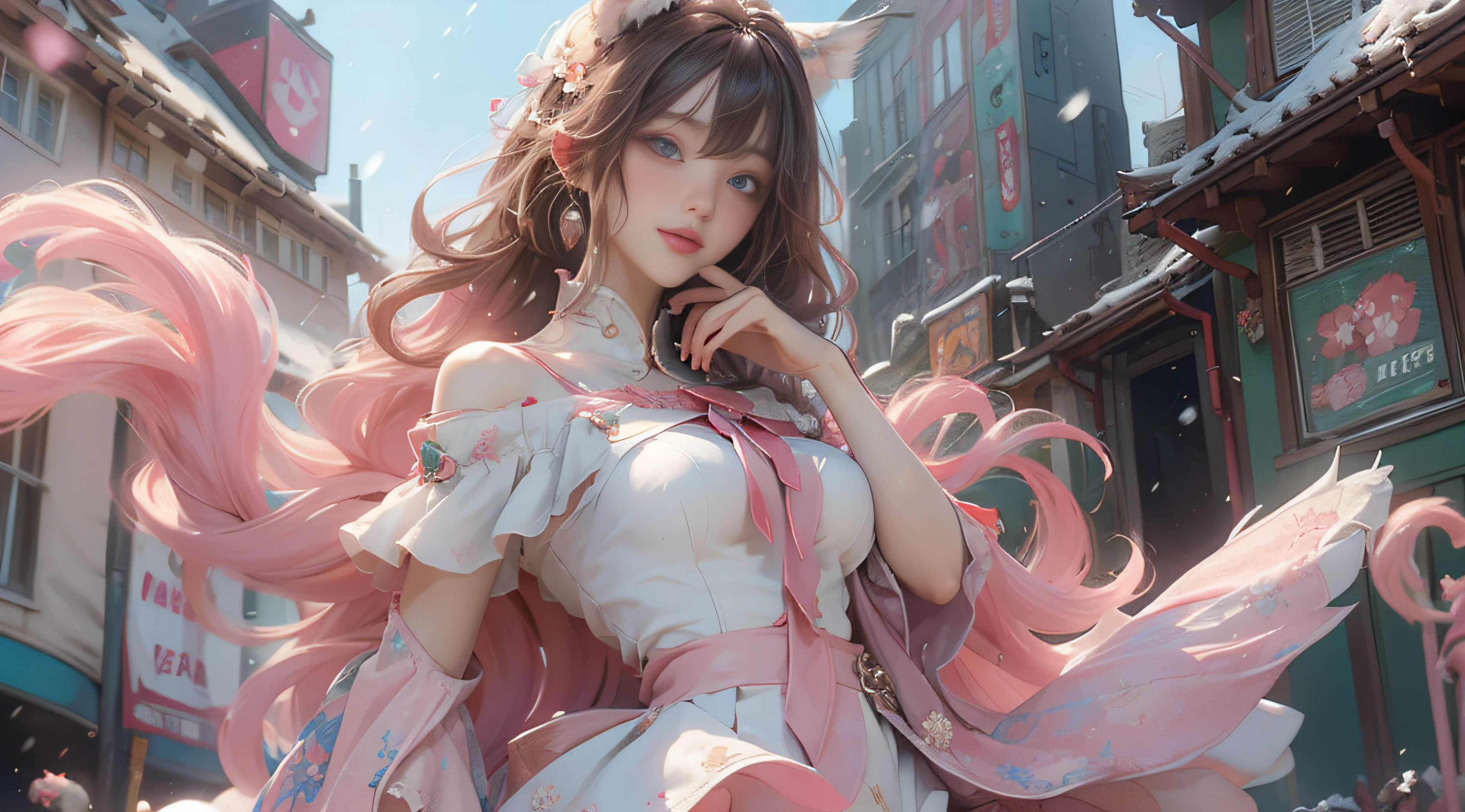 （（best qualtiy））， （（tmasterpiece））， （detail：1.4）， Beautiful cyberpunk female images，hdr（HighDynamicRange），Ray traching，NVIDIA RTX，Hyper-Resolution，illusory 5，sub surface scattering，PBR textures，post-proces，Anisotropy Filtering，depth of fields，maximum definition and sharpness，Many-Layer Textures，Albedo e mapas Speculares，Surface coloring，Mitsu-Accurate simulation of material interactions，perfectly proportioned，rendering by octane，Two-colored light，largeaperture，Low ISO，White balance，Rule three points、8K raw data、Beautiful bright blue pupils，off-the-shoulder clothes，Fine pupils，Delicate face and eyes，long eyelasher，Blushlush，Delicate and fluffy hair，pink lip，Pure，Cute face，Sweet girl，Artistic sense，Casual wear，Advancedsense，butterflys，Cherry blossom petal，Beautiful hair accessories，Long hair and waist，Hair fluttering in the wind，Snow-white fox ears，curlies，Snow-white fluffy tail，Positive light，The light from the back window is backlighted
