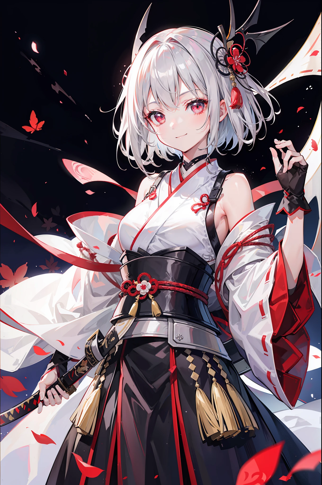 1 girl in、独奏、Gray-haired shorthair、Red Mesh、Red eyes、Lustrous eyes、Combat kimono、kimono、Combat use、Japanese armor、a cool、A manly smile、(Grinning smile)、dark alley background、Delicate sword、holding a katana、Looking at the camera、Depicted from an angle、beatiful lights、Particles of light、Bokeh background、((Masterpiece Highest Quality:1.2))、(High resolution of the highest quality), [[bad face]], [[Fused fingers]], [[Malformed hands]], [[[[multiple limbs]]]], [[[Broken face]]]