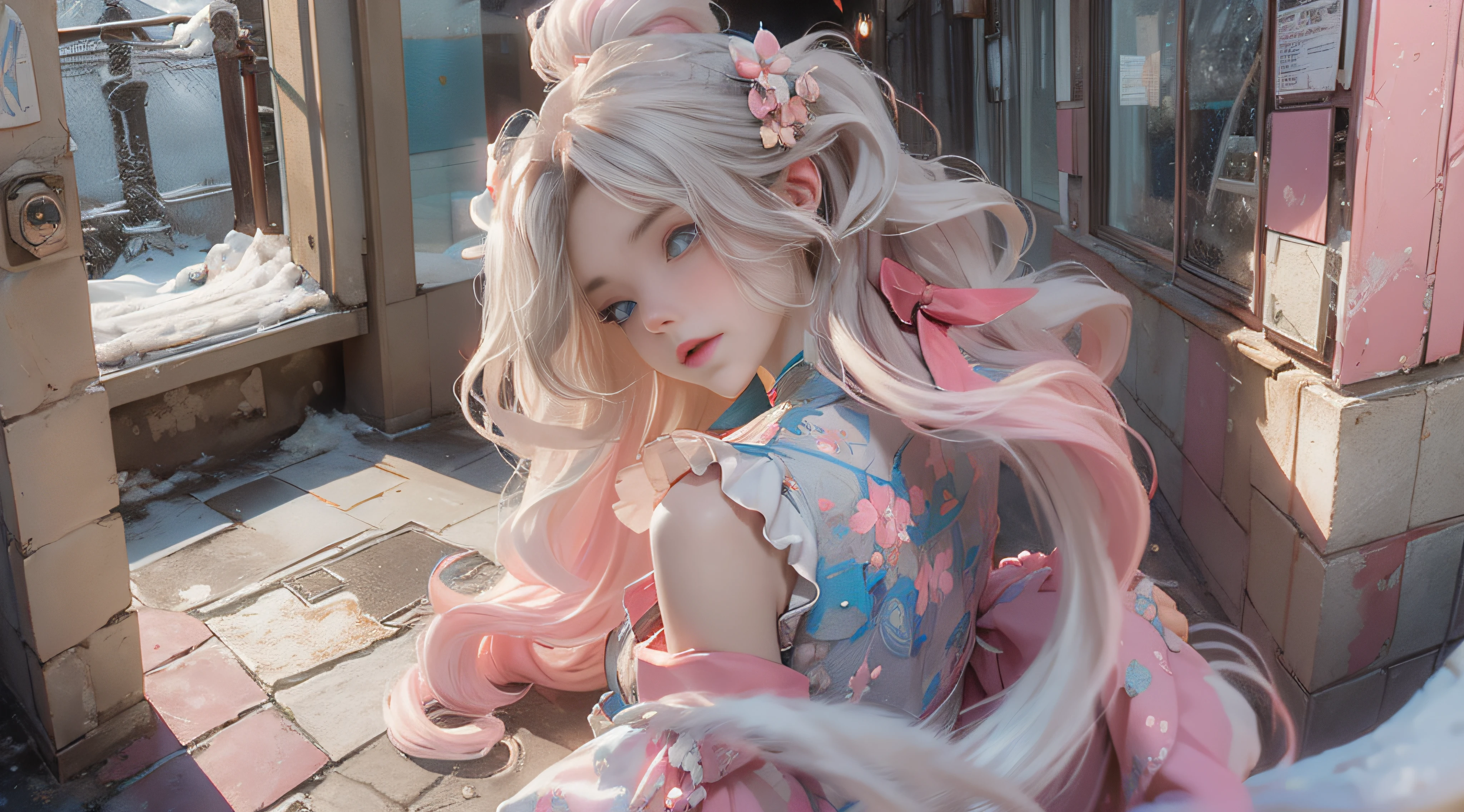 ((best qualtiy)), ((tmasterpiece)), (detail:1.4), Beautiful cyberpunk female images,hdr(HighDynamicRange),Ray traching,NVIDIA RTX,Hyper-Resolution,illusory 5,sub surface scattering,PBR textures,post-proces,Anisotropy Filtering,depth of fields,maximum definition and sharpness,Many-Layer Textures,Albedo e mapas Speculares,Surface coloring,Mitsu-Accurate simulation of material interactions,perfectly proportioned,rendering by octane,Two-colored light,largeaperture,Low ISO,White balance,Rule three points、8K raw data、Beautiful bright blue pupils,off-the-shoulder clothes,Fine pupils,Delicate face and eyes,long eyelasher,Blushlush,Delicate and fluffy hair,pink lip,Pure,Cute face,Sweet girl,Artistic sense,Casual wear,Advancedsense,butterflys,Cherry blossom petal,Beautiful hair accessories,Long hair and waist,Hair fluttering in the wind,Snow-white fox ears,curlies,Snow-white fluffy tail,Positive light,The light from the back window is backlighted