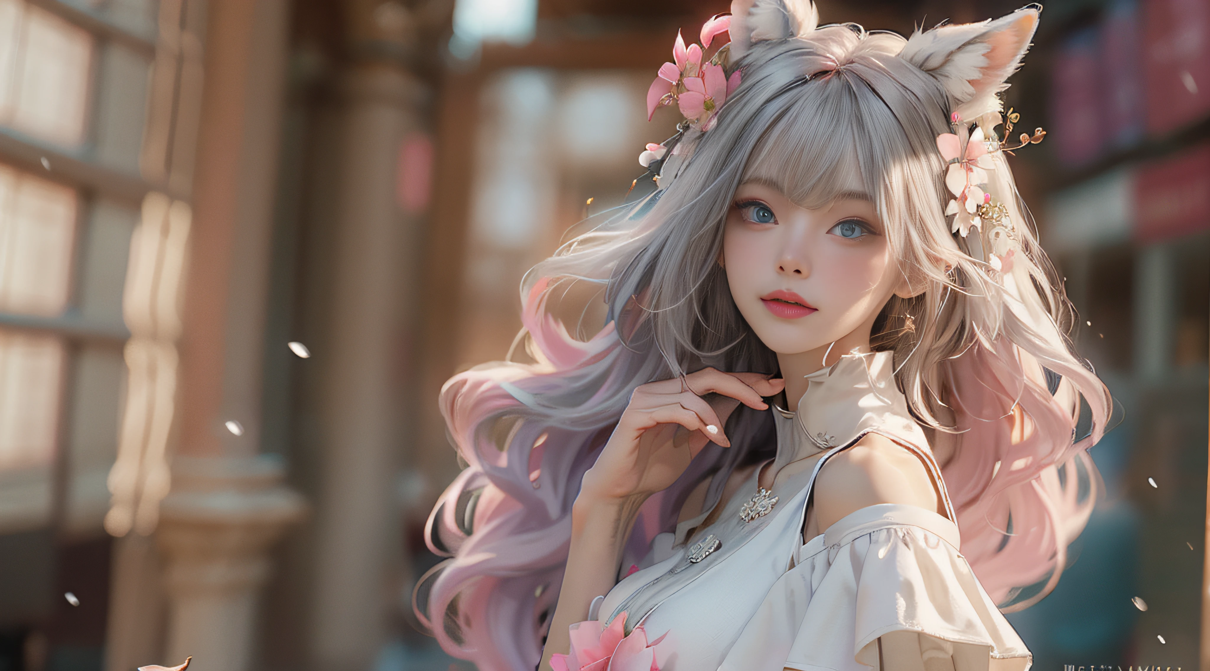 ((best qualtiy)), ((tmasterpiece)), (detail:1.4), Beautiful cyberpunk female images,hdr(HighDynamicRange),Ray traching,NVIDIA RTX,Hyper-Resolution,illusory 5,sub surface scattering,PBR textures,post-proces,Anisotropy Filtering,depth of fields,maximum definition and sharpness,Many-Layer Textures,Albedo e mapas Speculares,Surface coloring,Mitsu-Accurate simulation of material interactions,perfectly proportioned,rendering by octane,Two-colored light,largeaperture,Low ISO,White balance,Rule three points、8K raw data、Beautiful bright blue pupils,off-the-shoulder clothes,Fine pupils,Delicate face and eyes,long eyelasher,Blushlush,Delicate and fluffy hair,pink lip,Pure,Cute face,Sweet girl,Artistic sense,Casual wear,Advancedsense,butterflys,Cherry blossom petal,Beautiful hair accessories,Long hair and waist,Hair fluttering in the wind,Snow-white fox ears,curlies,Snow-white fluffy tail,Positive light,The light from the back window is backlighted