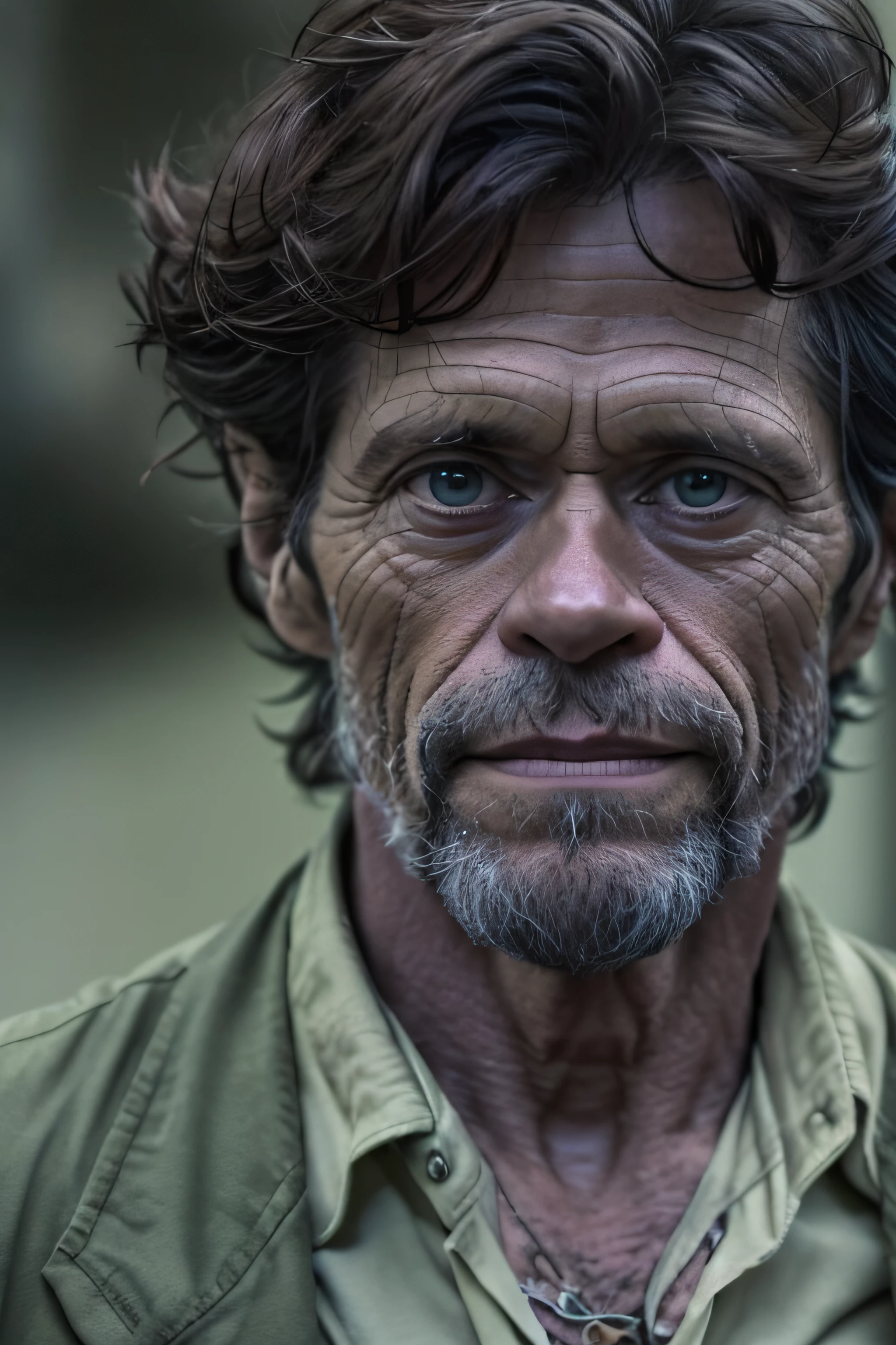 ao ar livre, colinas, noite, uma foto RAW um homem magro com capuz preto, close-up, 35 anos, (Willem Dafoe: 1,0), cores suaves pele hiperdetalhada, (toupeiras: 1,12), fotojornalismo com pouca luz