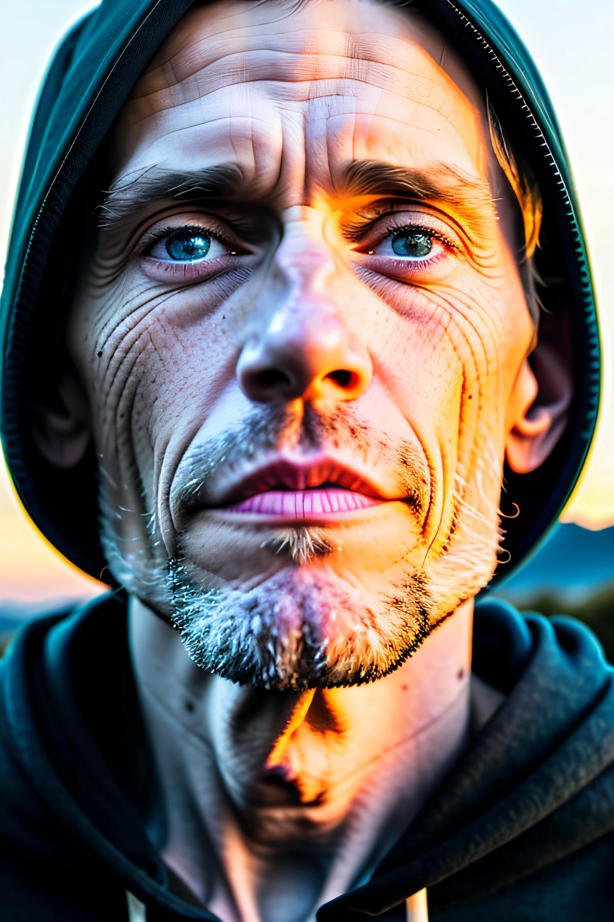 outdoor, hills, night, a RAW photo a skinny man in black hoodie, closeup, 35 yo, (Willem Dafoe:0.7), muted colors
hyper detailed skin, (moles:1.12), photojournalism
low light