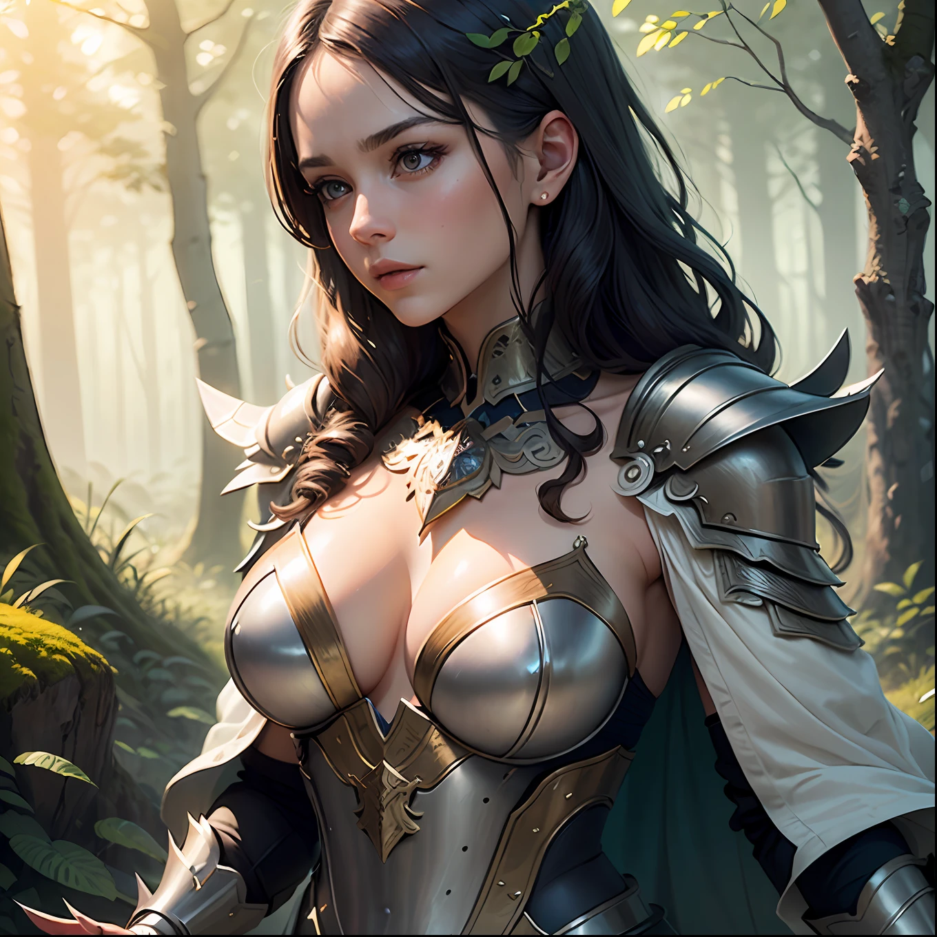 (masterpiece, best quality, beautiful digital illustration:1.4), enchanting_digital_illustration, delicate_female_warrior, dual_swords, elaborate_armor, flowing_cloak, ornate_breastplate, embossed_gauntlets, mystical_forest, sunlight_filtering_through_trees, mossy_path, ethereal_atmosphere, magical_crystals, twisting_vines, luminescent_mushrooms, whispers_of_wind, soft_glow, radiant_aura, glowing_runes, shimmering_energy, cinematic light, (sharp focus:1.6), highly detailed, ultra realistic, 8k