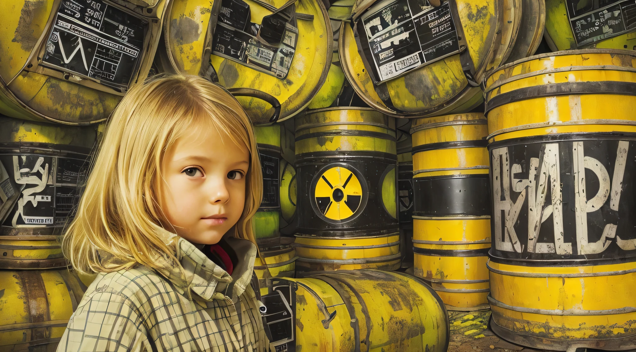 GIRL CHILD 8 YEARS OLD BLONDE HAIR, LONG, CLOSE UP, RUSSIAN STYLE HEADPHONES, BLACK FUR COAT, a closeup of a large pile of yellow barrels with radioactive symbols, nuclear waste, radioactive wastelands, toxic waste, radioactive particles, nuclear wastelands, radioactive, uranium, nuclear, nuclear fallout, post-nuclear, nuclear fashion, post-nuclear fallout,  nuclear energy, future of nuclear energy, nuclear, nuclear art, nuclear reactor, nuclear energy, radiation, toxicity, contaminated