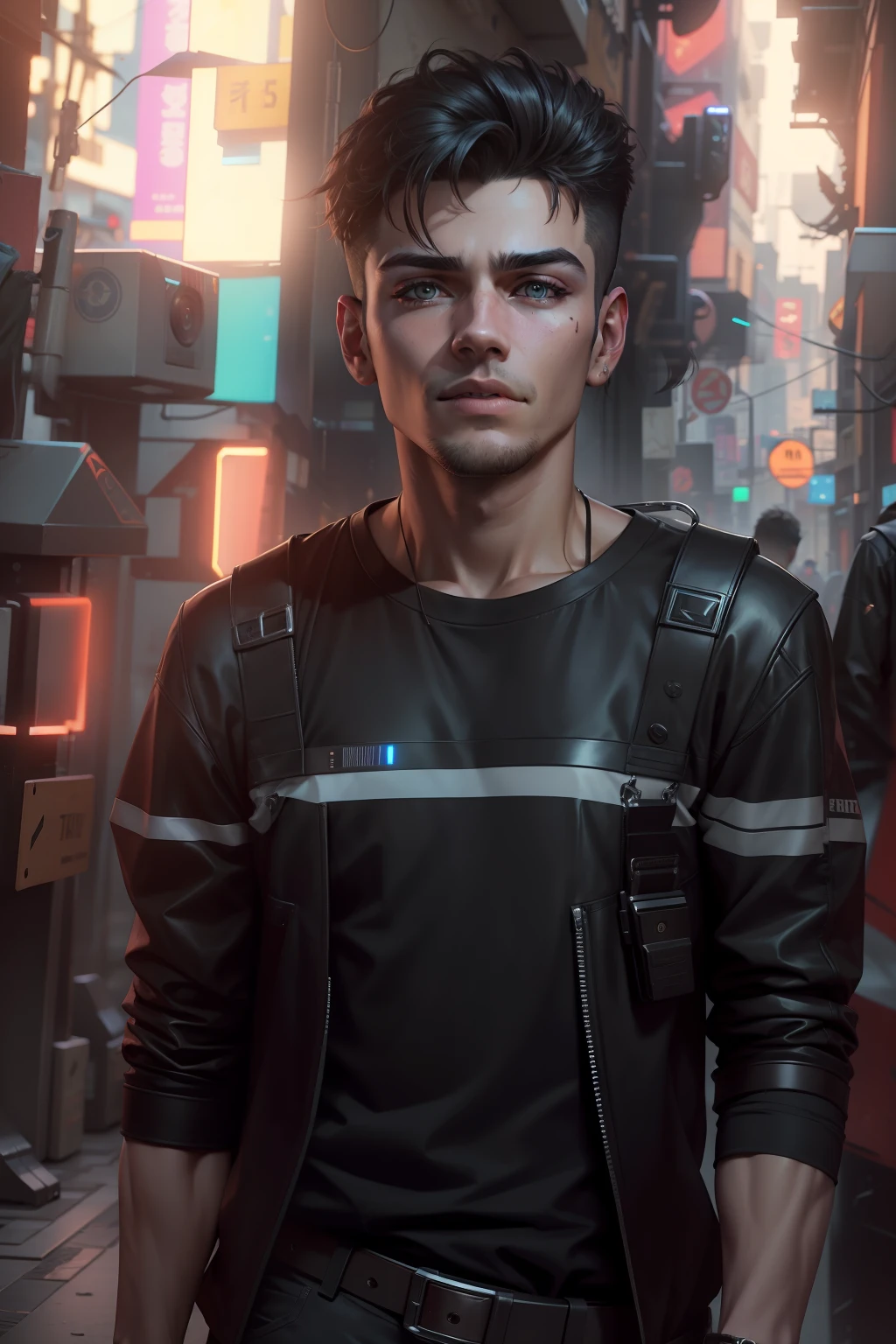 Change background cyberpunk handsome boy, realistic face, 8k, ultra realistic,