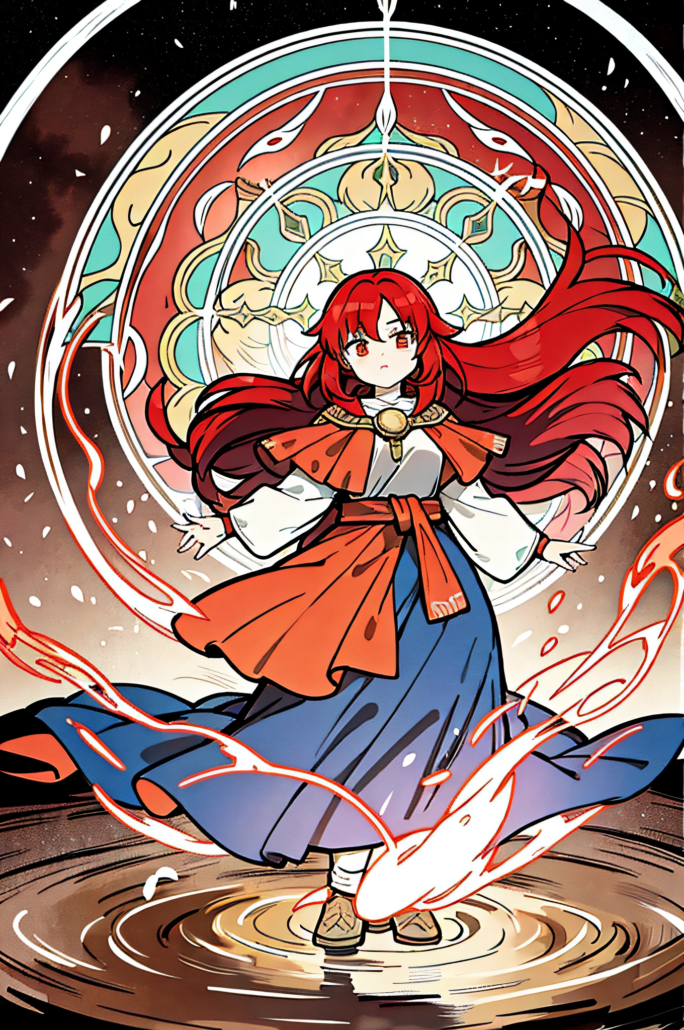 mage surrounded by fire, wind, water and earth, by bestiary_style, masterpiece, best quality, solo, red hair, long hair