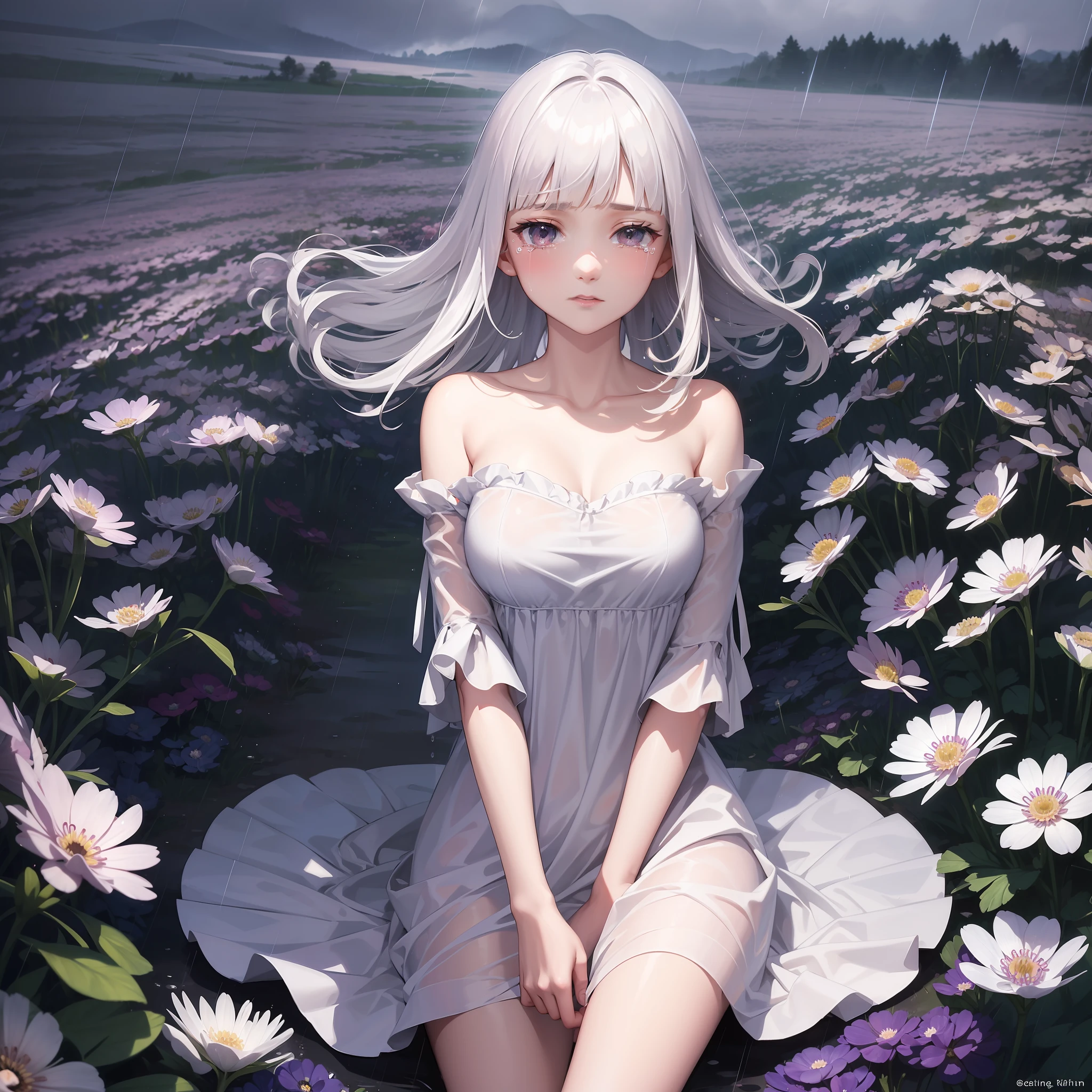 Tears in a field of anemone flowers in the night rain