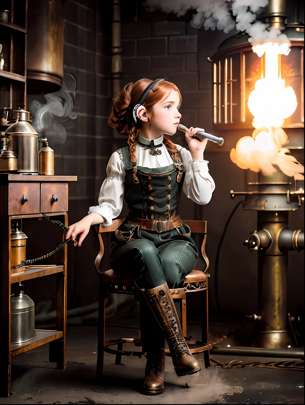 photorealistic, perfect anatomy, realistic character, hyper photorealism, very high contrast photograph, street photography, cinematic lighting, dramatic lighting, shot from the back, (((a girl on a chair is repairing a steam engine in the steamy smoky workshop))), (a 19 yo girl, (Emma Watson:0.70), (redhead:1.1)), very cute, (perfect eyes:1.1), photorealistic wavy hair, a girl in a steampunk jumpsuit in light gray color, intercom headset, steampunk choker, long leather boots, perfect detailed face, detailed symmetric green eyes with circular iris, fixing a steam engine in the steampunk garage filled with steam and smoke, cogs and gears, steamy background with lots of steam pipes and steam valves and pressure gauges and gears, intricate background, very highly detailed costume, very highly detailed background, steampunk fantasy style, steampunk , steampunk aesthetic, steamy, smoky